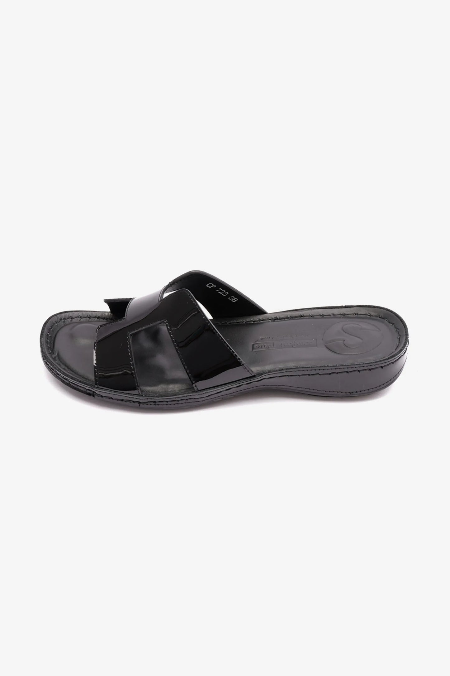 FLAT PATENT LEATHER COMFORT PLUS LADIES SANDALS BLACK - Seventy7