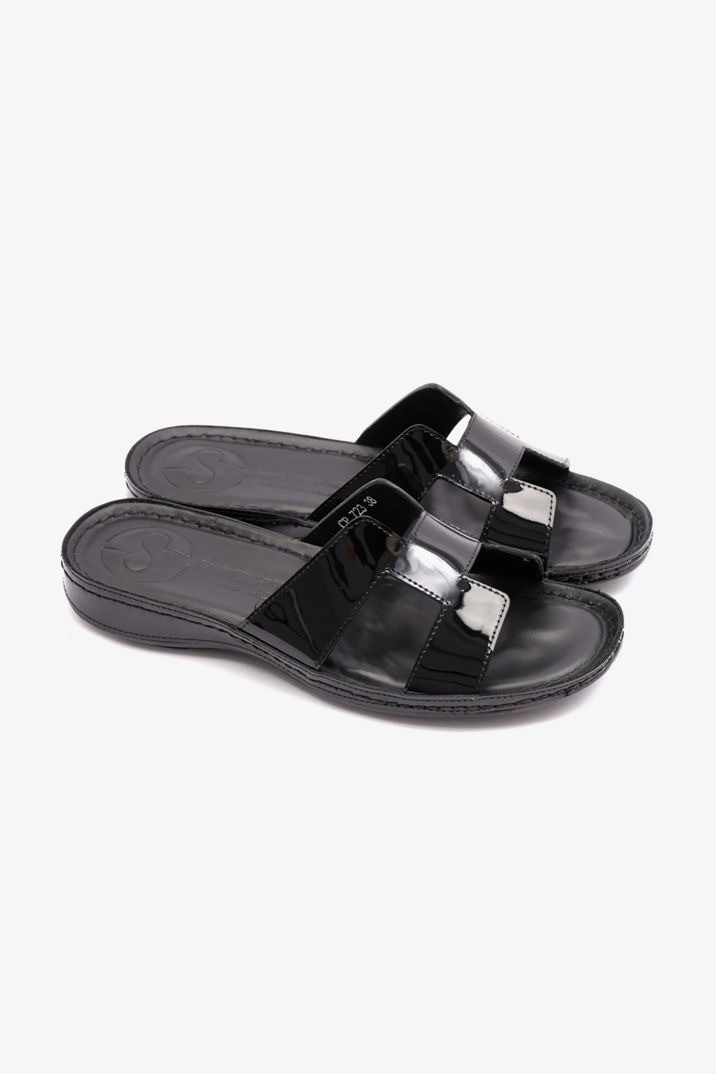 FLAT PATENT LEATHER COMFORT PLUS LADIES SANDALS BLACK - Seventy7
