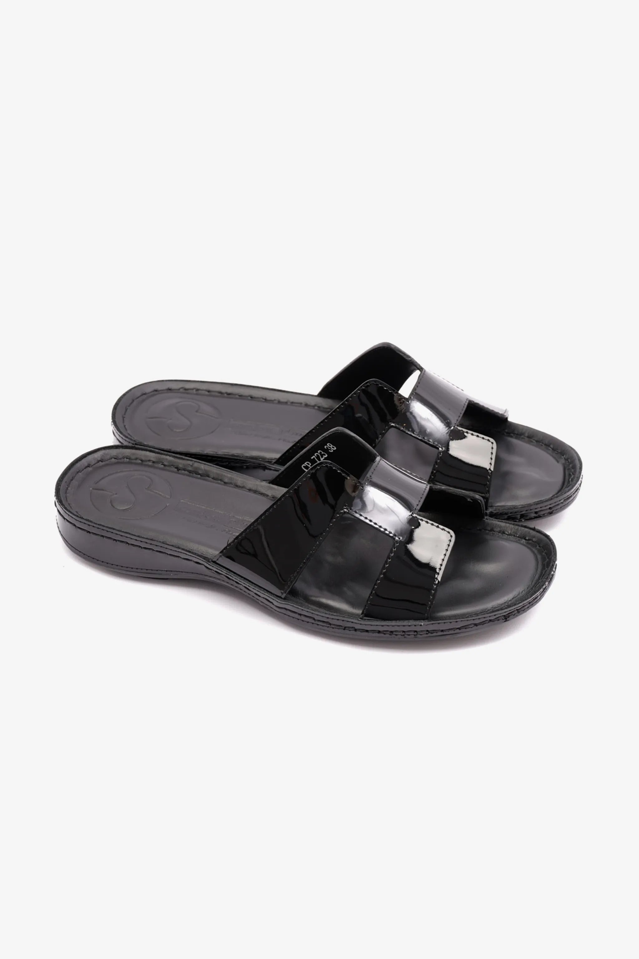 FLAT PATENT LEATHER COMFORT PLUS LADIES SANDALS BLACK - Seventy7