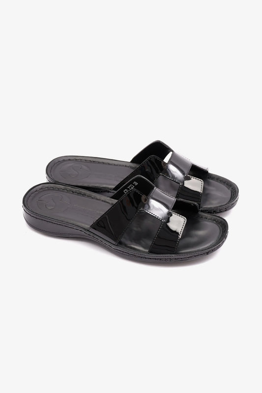 FLAT PATENT LEATHER COMFORT PLUS LADIES SANDALS BLACK - Seventy7