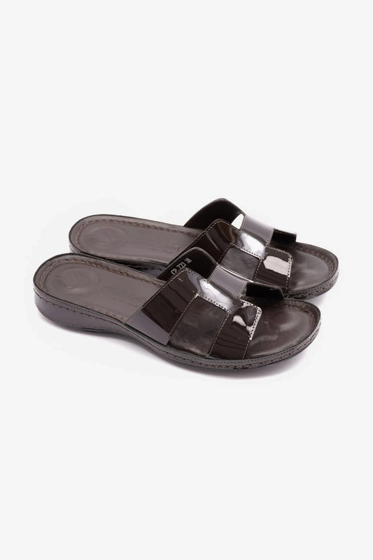 FLAT PATENT LEATHER COMFORT PLUS LADIES SANDALS BROWN - Seventy7