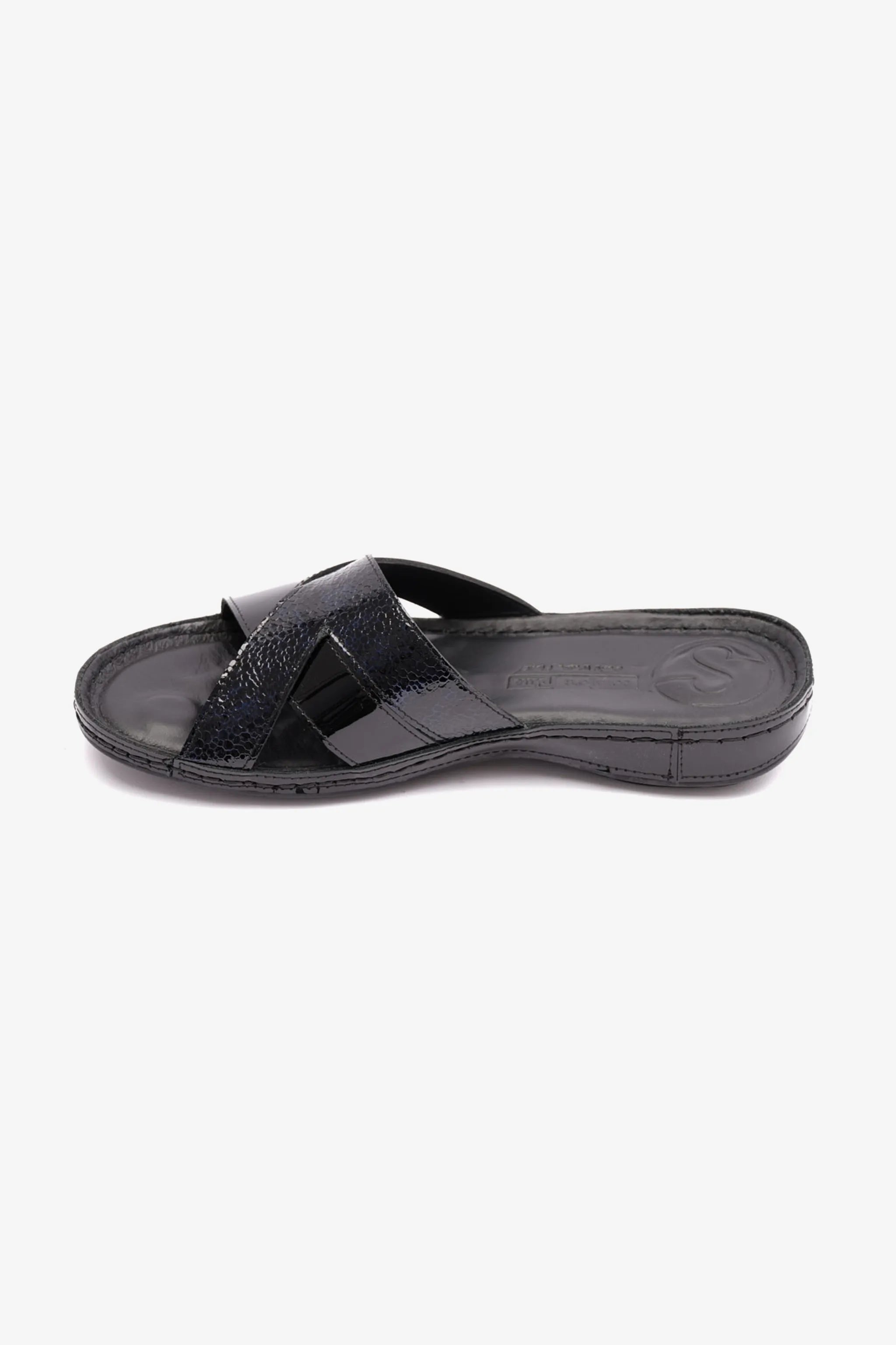 COMFORT PLUS SOFT FOOTBED PATENT LEATHER WOMENS SANDAL BLACK - Seventy7