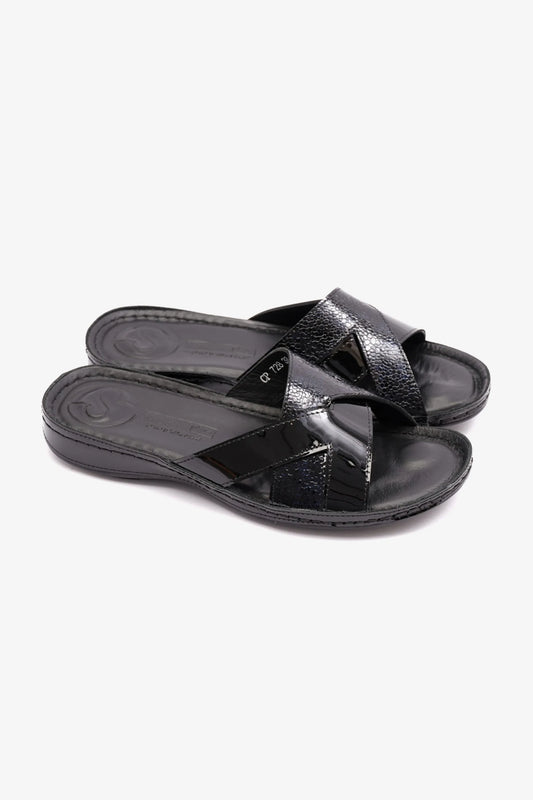 COMFORT PLUS SOFT FOOTBED PATENT LEATHER WOMENS SANDAL BLACK - Seventy7