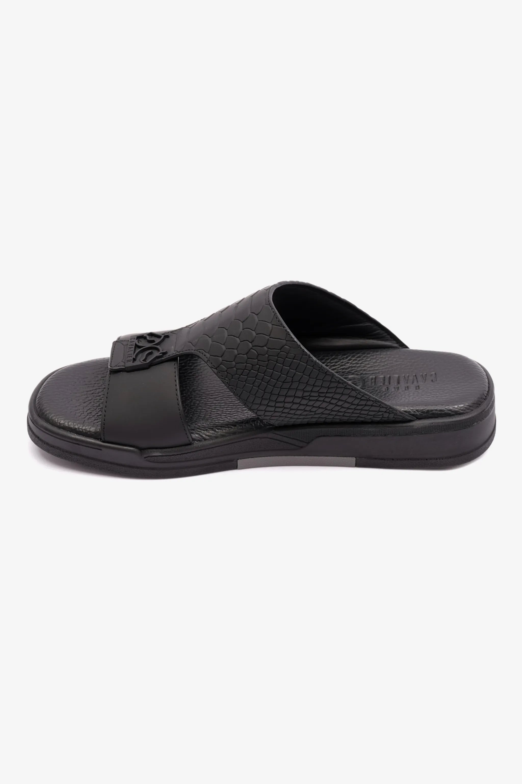 EMBOSSED LEATHER UOMO CAVALIER MENS SANDALS BLACK - Seventy7