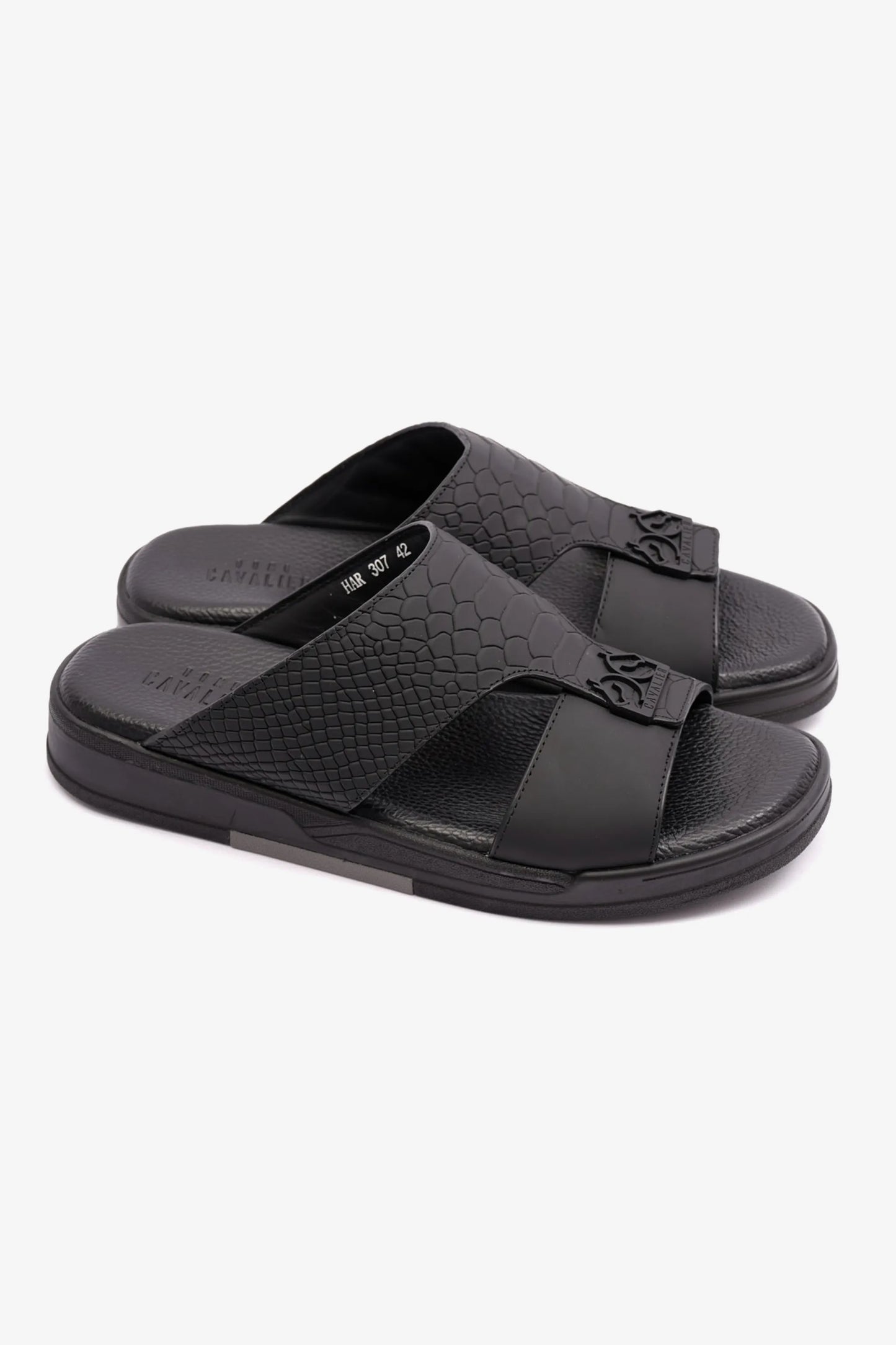 EMBOSSED LEATHER UOMO CAVALIER MENS SANDALS BLACK - Seventy7