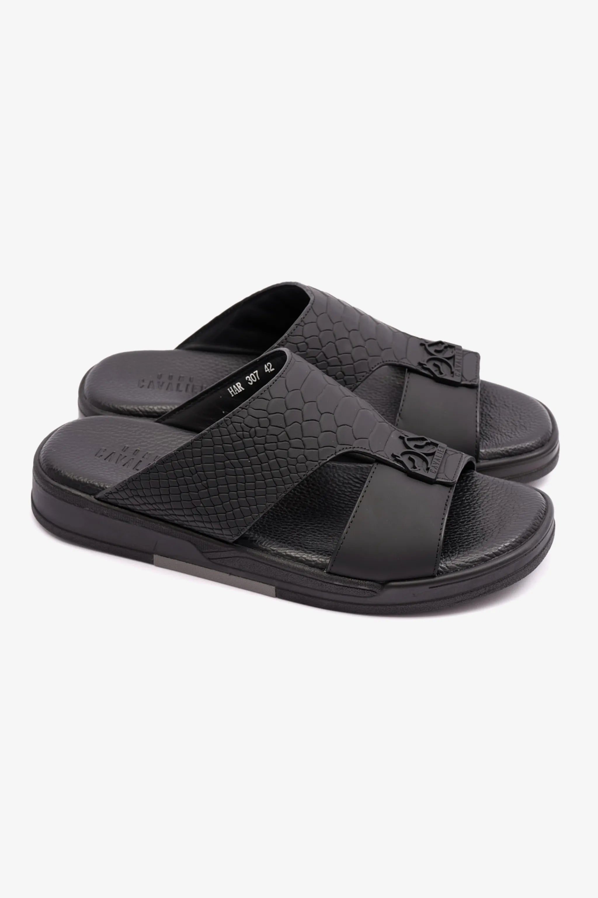 EMBOSSED LEATHER UOMO CAVALIER MENS SANDALS BLACK - Seventy7