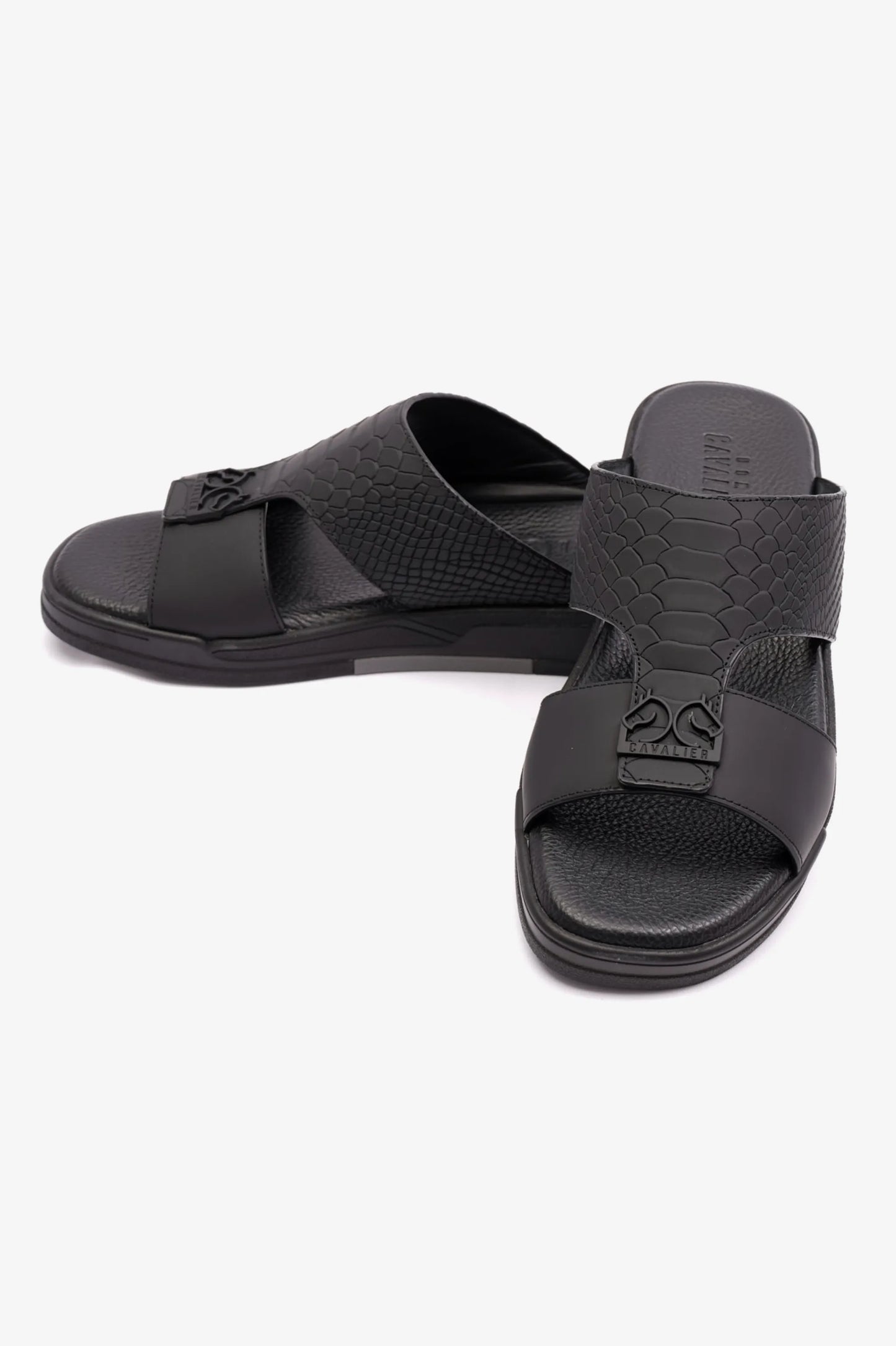 EMBOSSED LEATHER UOMO CAVALIER MENS SANDALS BLACK - Seventy7