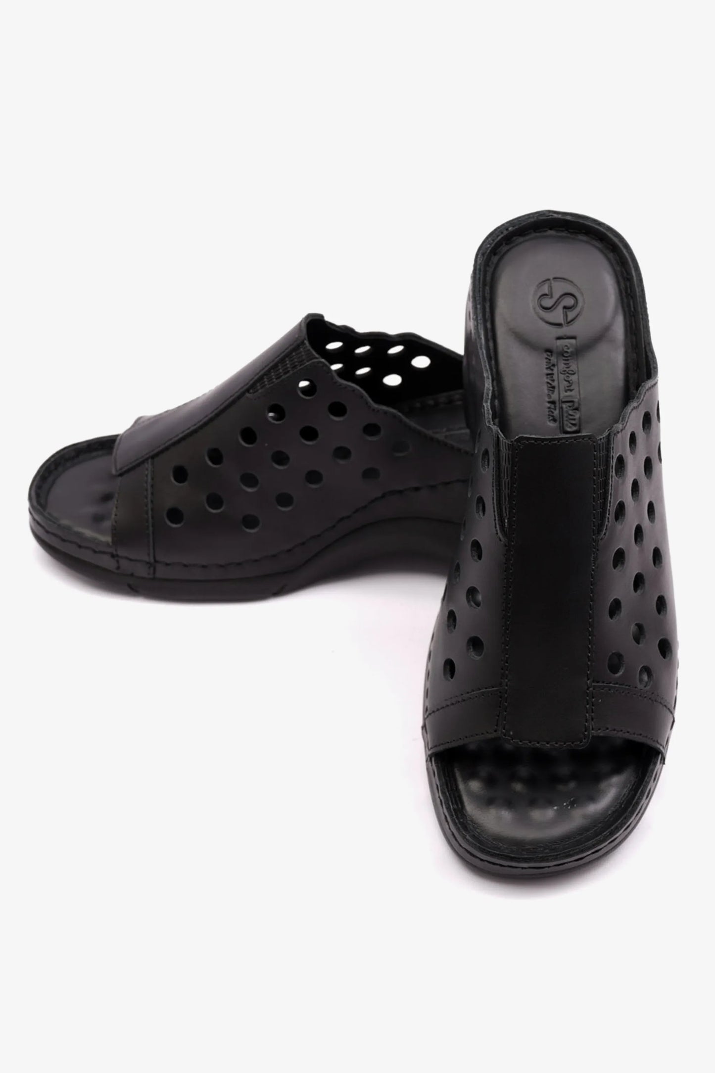 COMFORT PLUS SLIP-ON WEDGE SANDALS WITH PERFORATED DESIGN BLACK - Seventy7