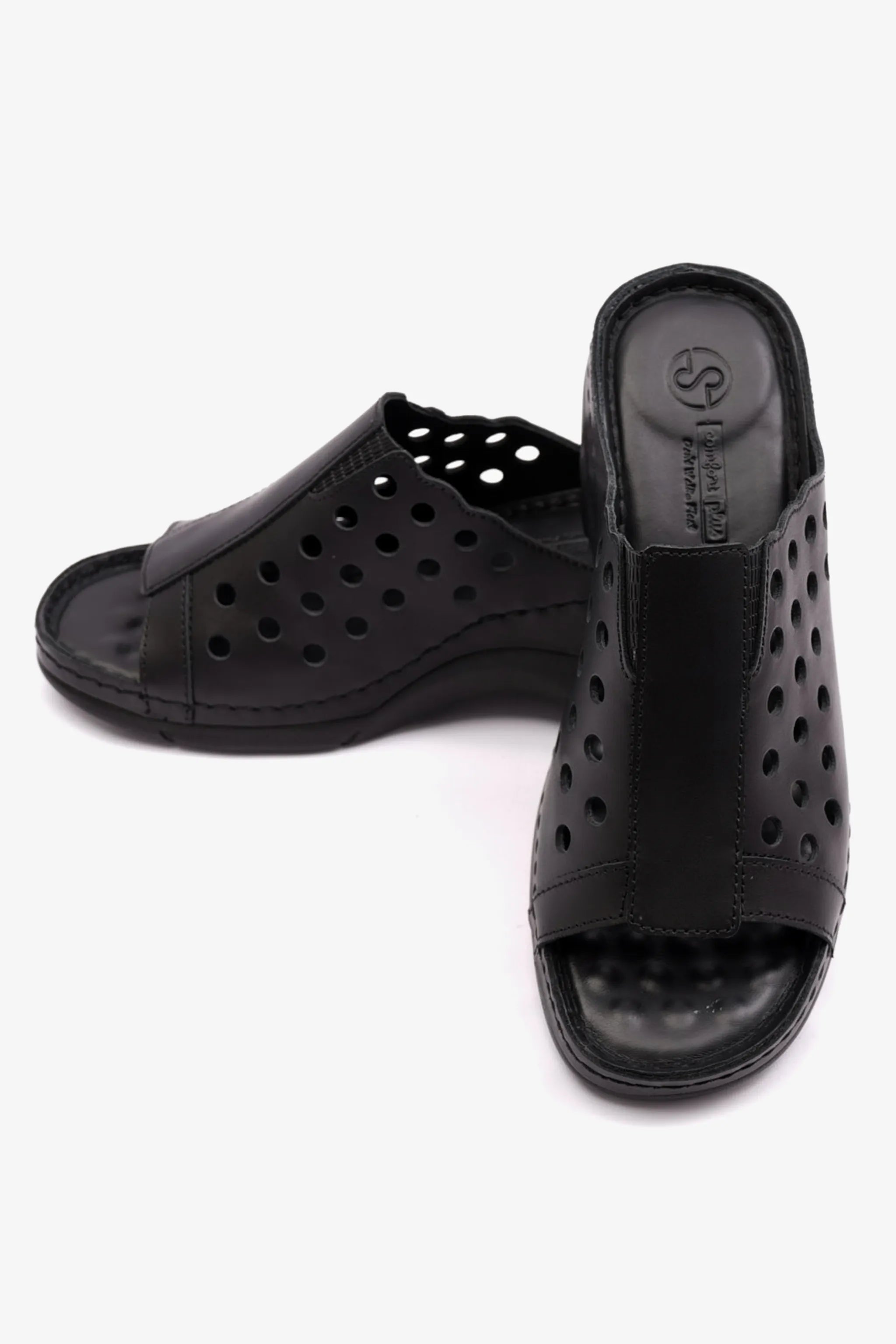 COMFORT PLUS SLIP-ON WEDGE SANDALS WITH PERFORATED DESIGN BLACK - Seventy7