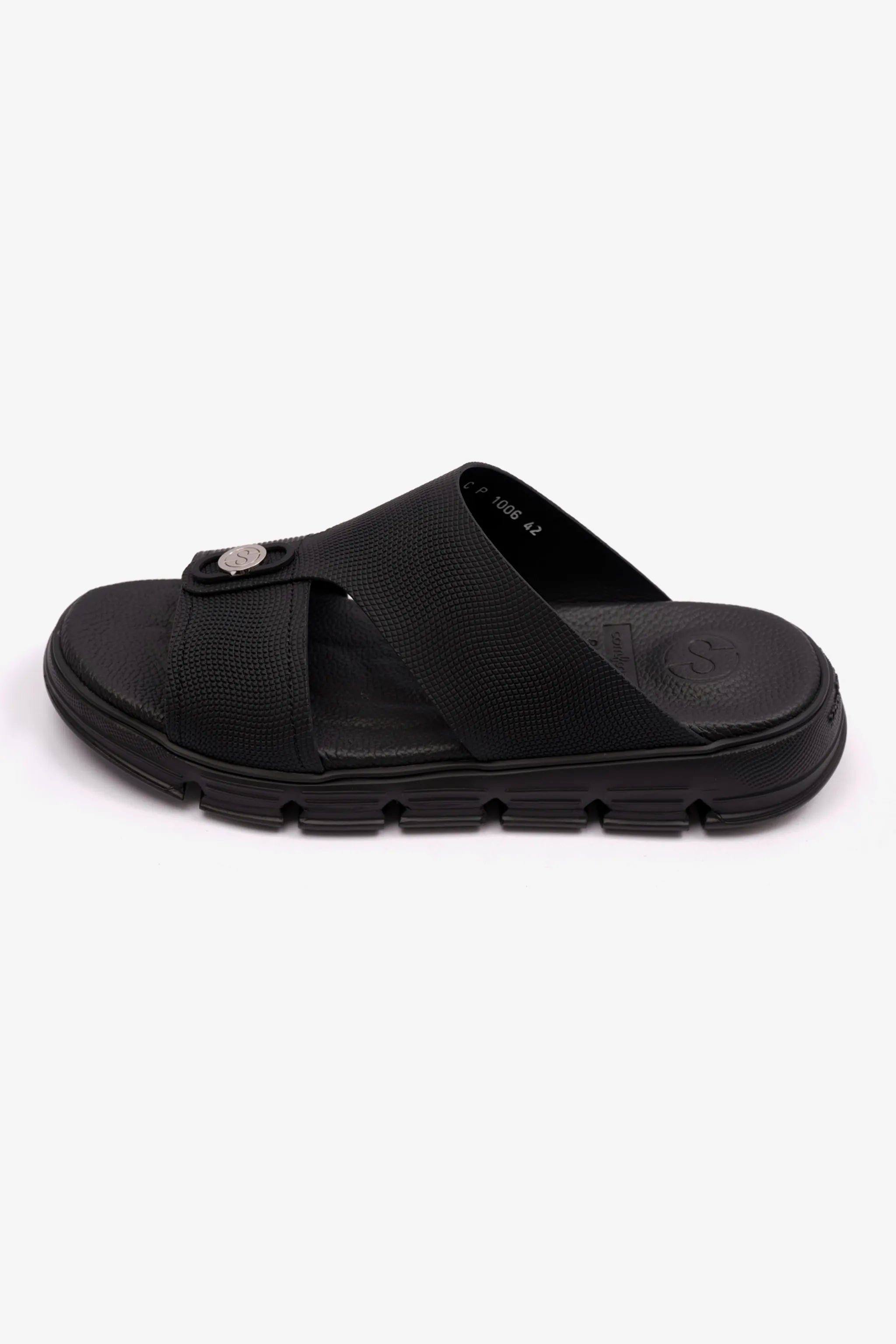 COMFORT PLUS EMBOSSED LEATHER MENS SANDALS WITH ITALIAN OUTSOLE BLACK - Seventy7