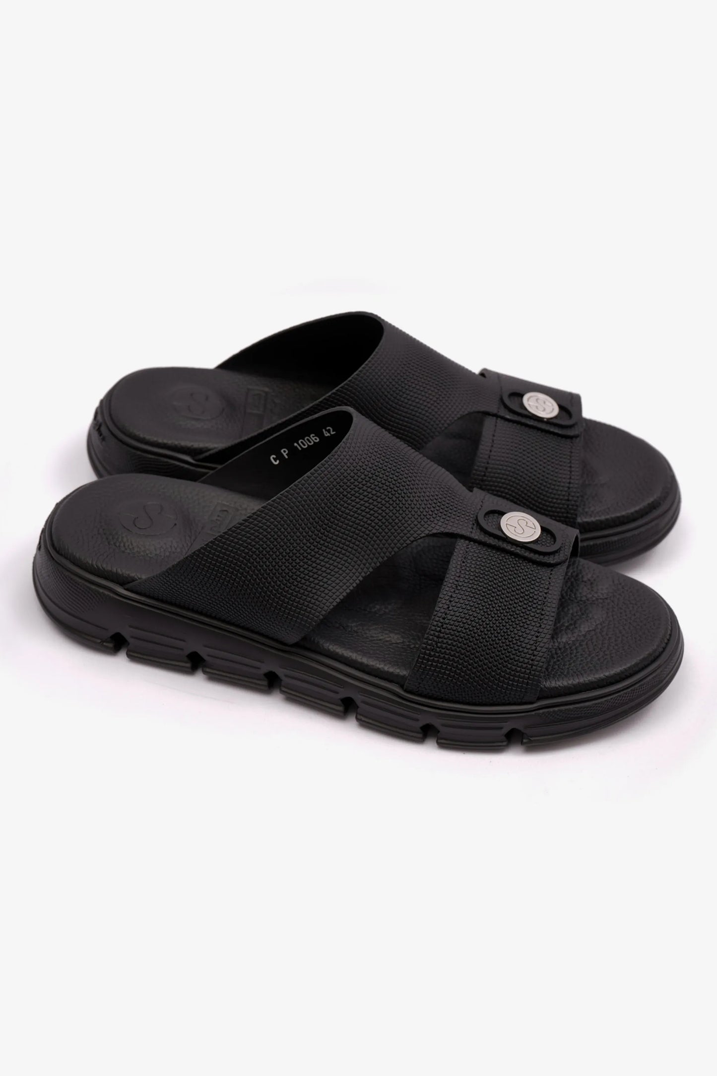 COMFORT PLUS EMBOSSED LEATHER MENS SANDALS WITH ITALIAN OUTSOLE BLACK - Seventy7