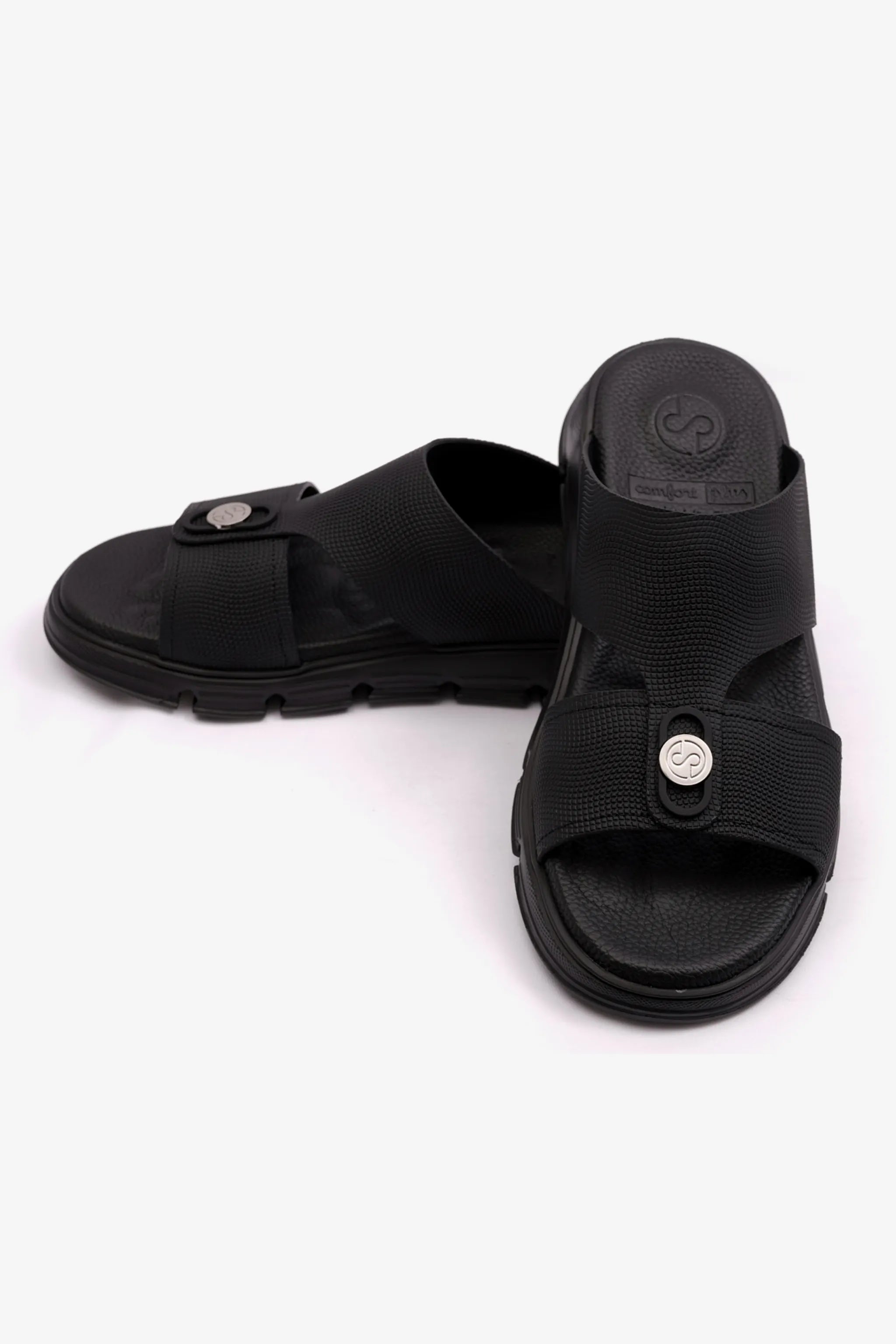 COMFORT PLUS EMBOSSED LEATHER MENS SANDALS WITH ITALIAN OUTSOLE BLACK - Seventy7