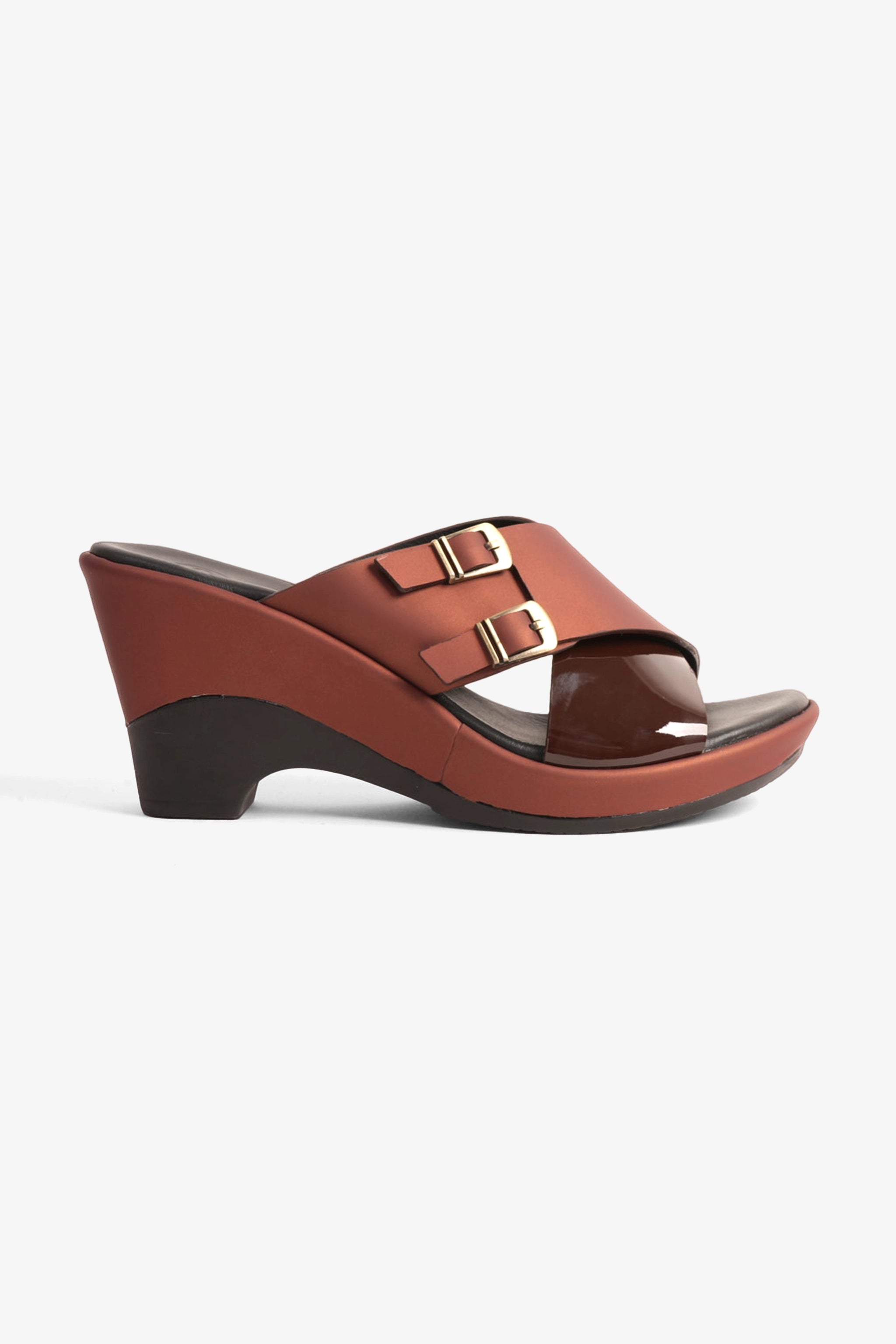 COMFORT PLUS WEDGE MULES WITH DOUBLE BUCKLE MAROON