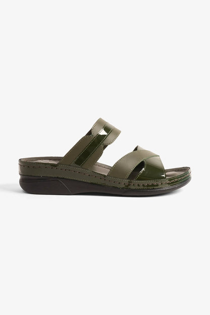 COMFORT PLUS ULTRA SOFT LEATHER SLIDES WOMEN'S OLIVE