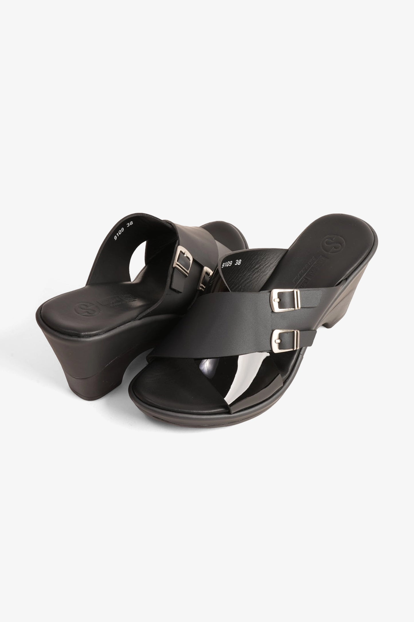 COMFORT PLUS WEDGE MULES WITH DOUBLE BUCKLE BLACK