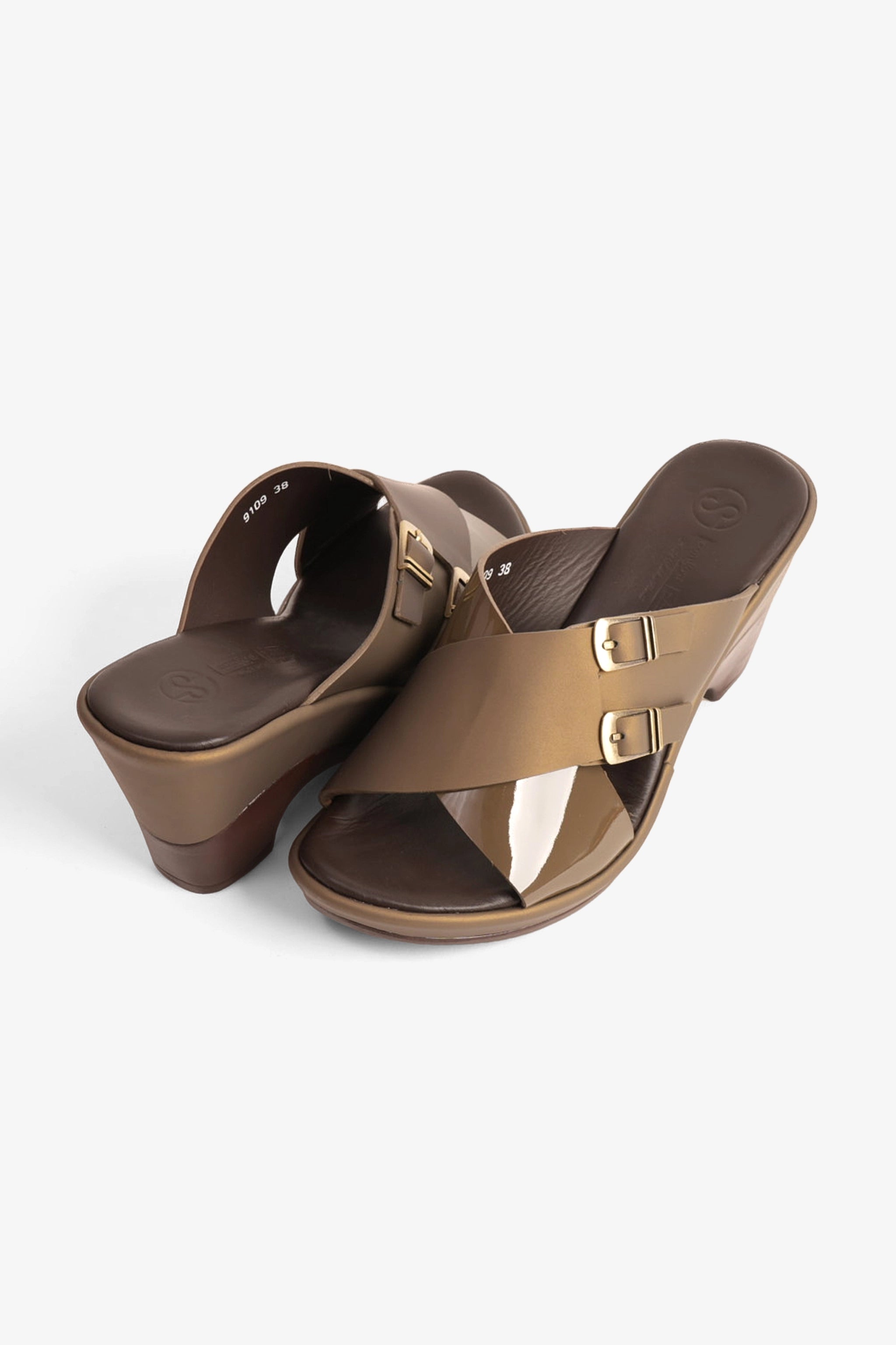 COMFORT PLUS WEDGE MULES WITH DOUBLE BUCKLE TRUFFLE