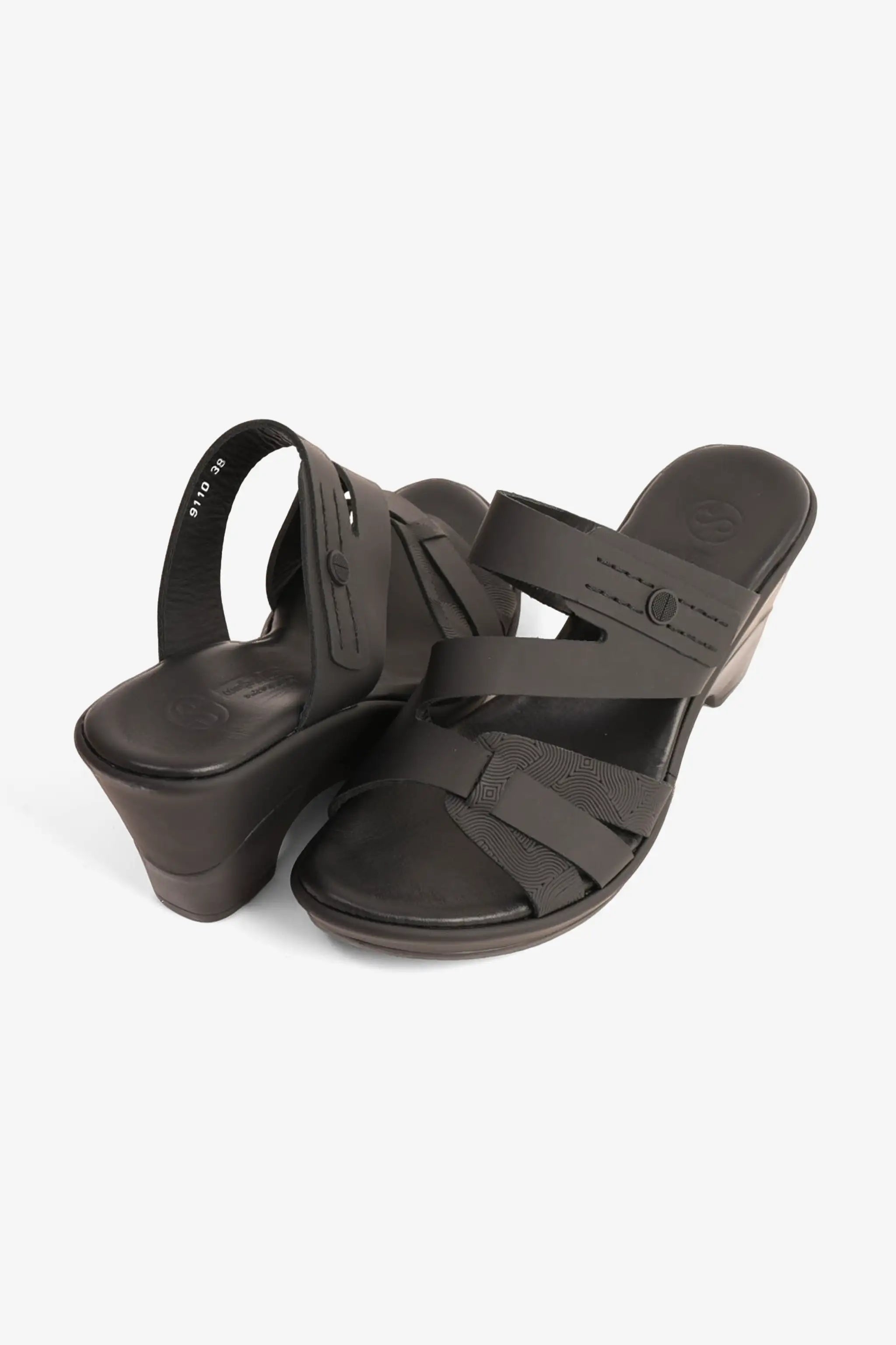 COMFORT PLUS LEATHER CUT-OUT SANDALS WITH LOW HEEL BLACK - Seventy7