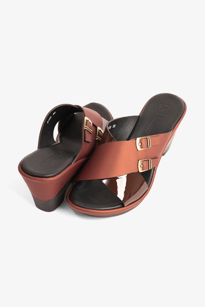 COMFORT PLUS WEDGE MULES WITH DOUBLE BUCKLE MAROON