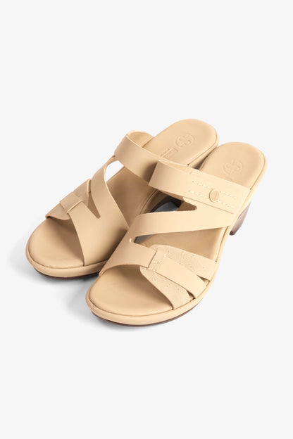 COMFORT PLUS LEATHER CUT-OUT SANDALS WITH LOW HEEL BEIGE