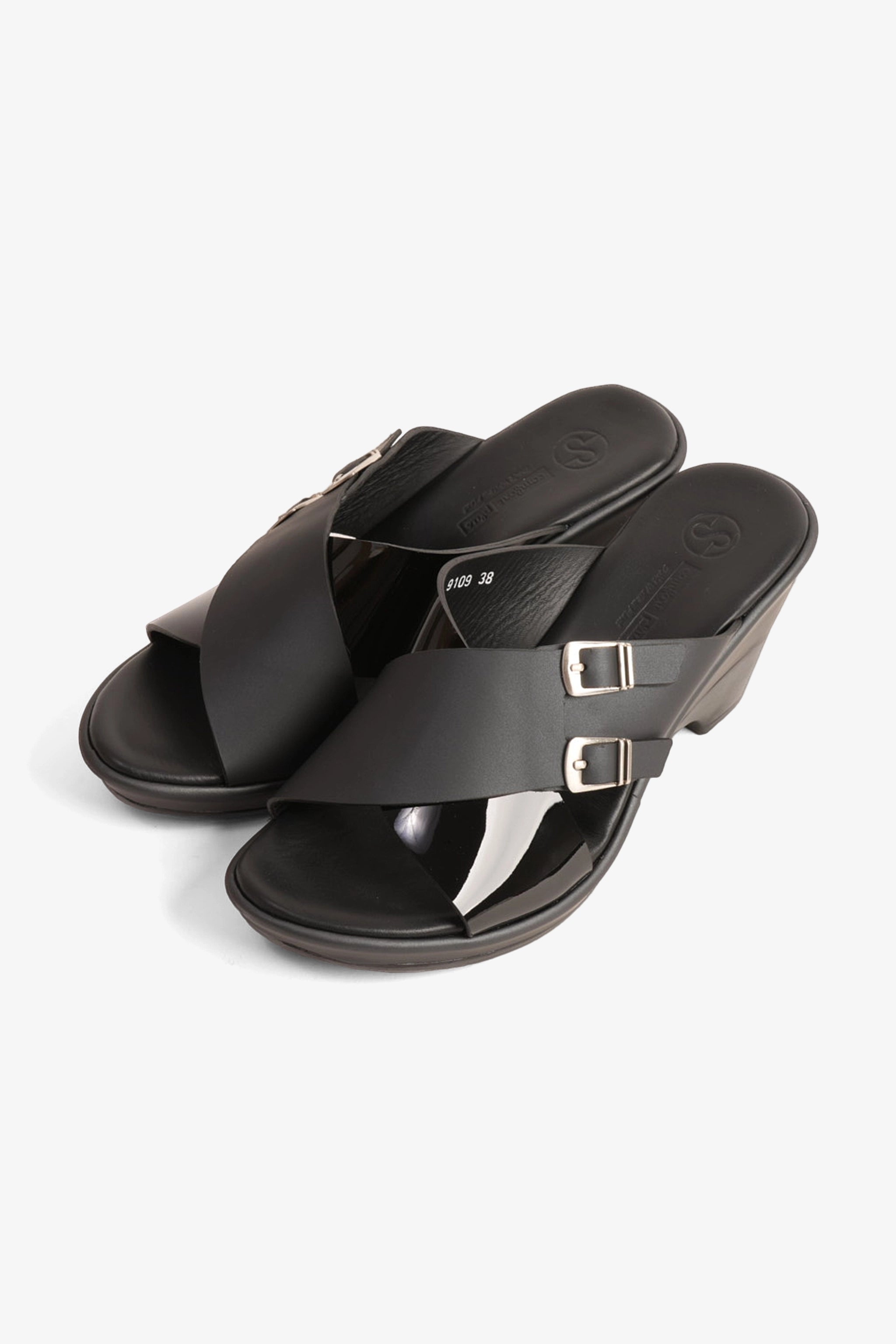 COMFORT PLUS WEDGE MULES WITH DOUBLE BUCKLE BLACK