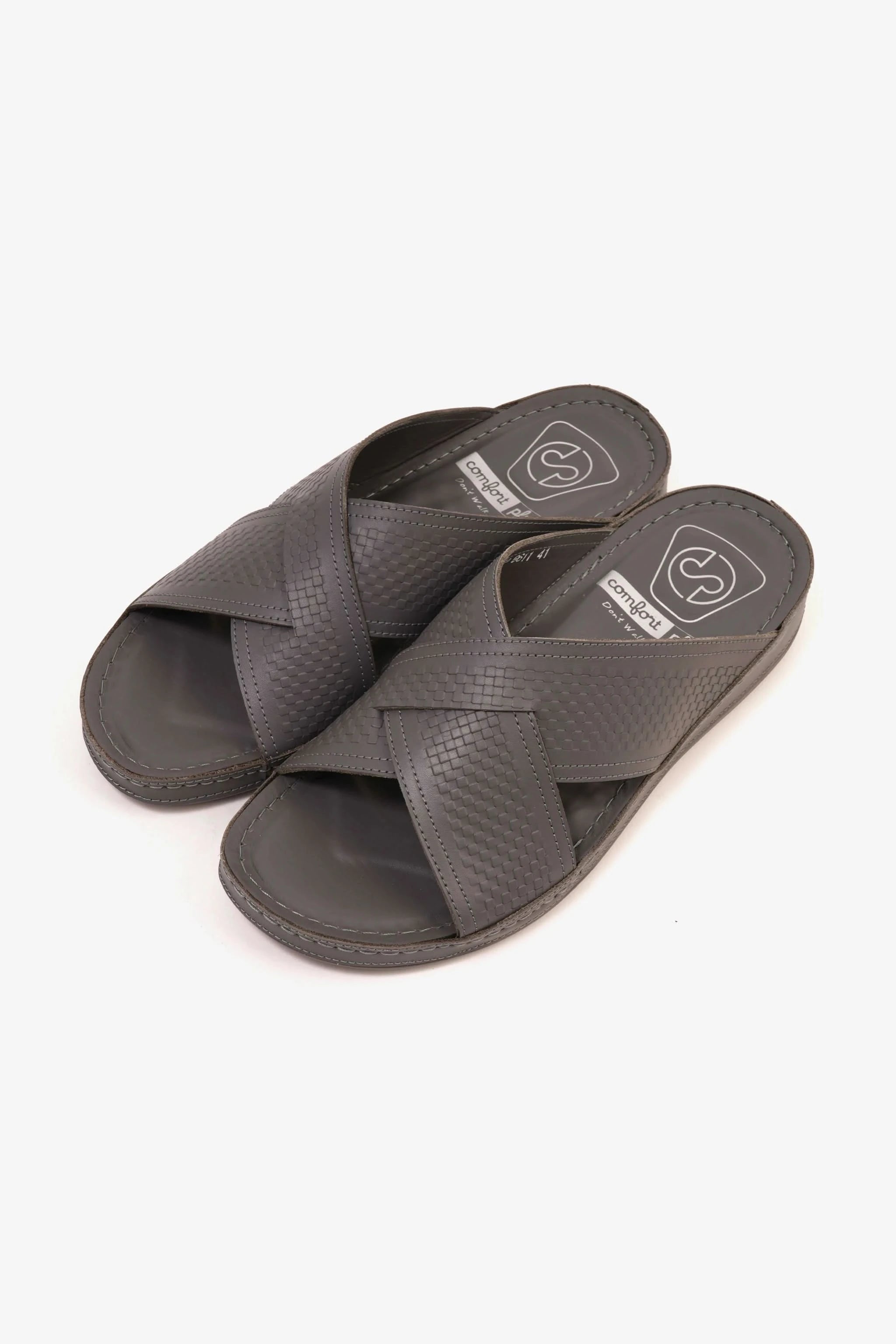 Comfort Plus Men's Leather Arabic Sandals with Silver Accent Dark Grey