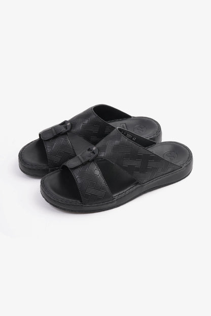 COMFORT PLUS EMBOSSED LEATHER HANDSTITCHED ARABIC SANDALS BLACK