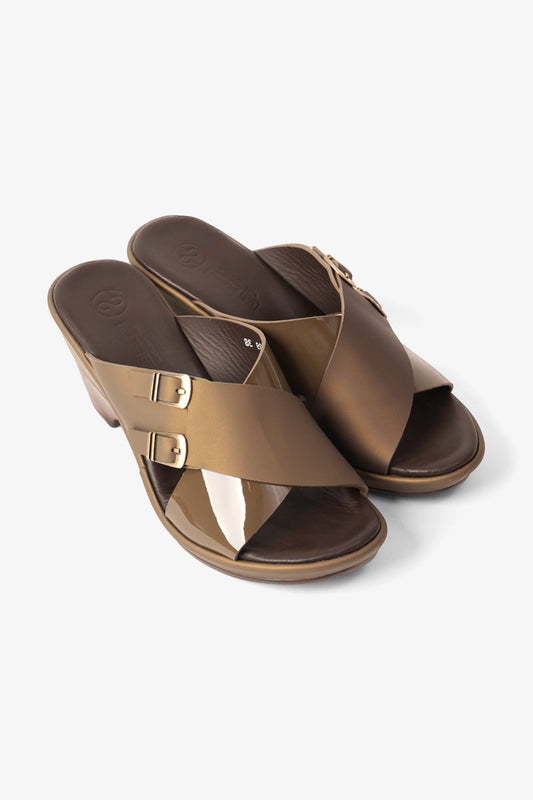 COMFORT PLUS WEDGE MULES WITH DOUBLE BUCKLE TRUFFLE