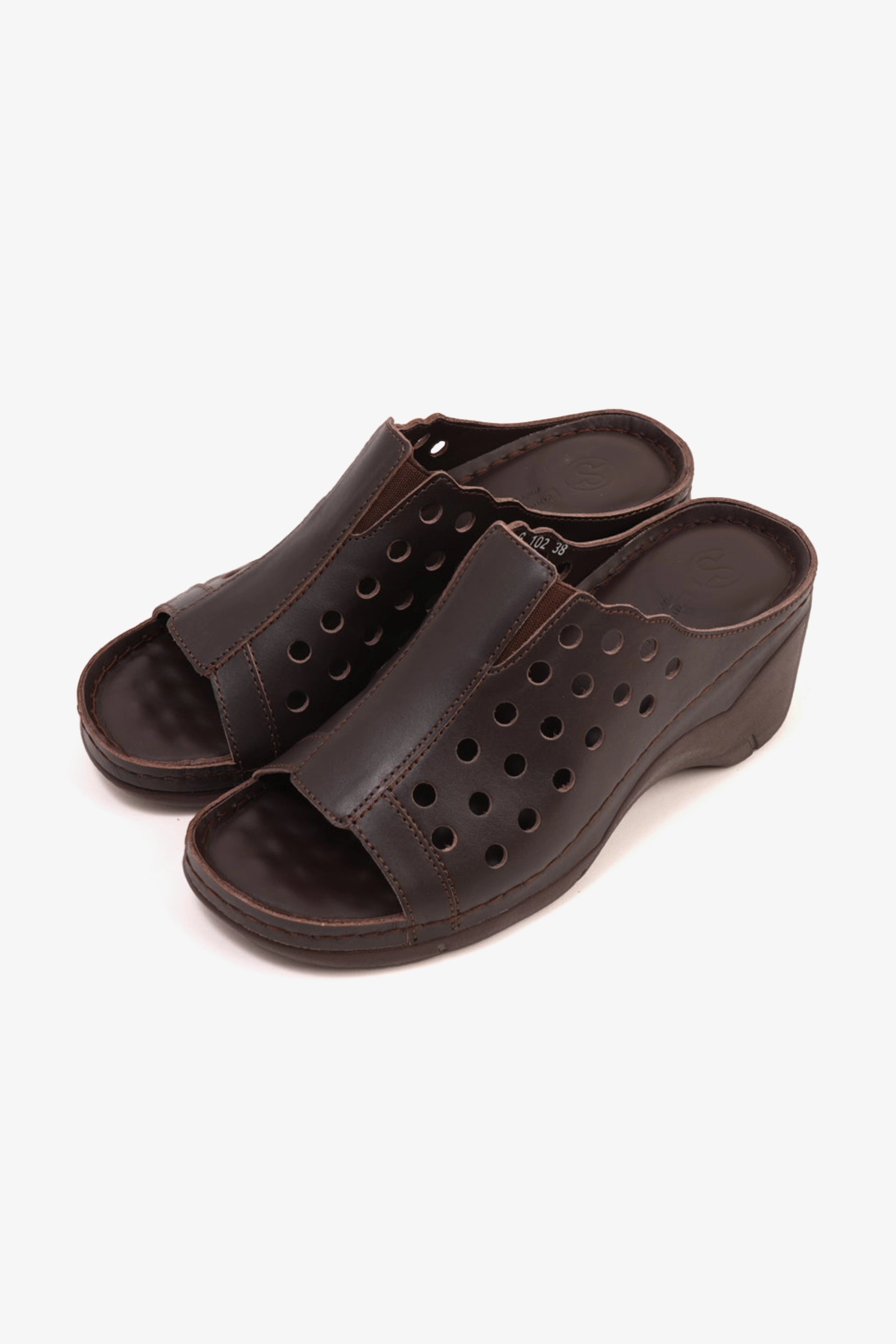 COMFORT PLUS SLIP-ON WEDGE SANDALS WITH PERFORATED DESIGN BROWN