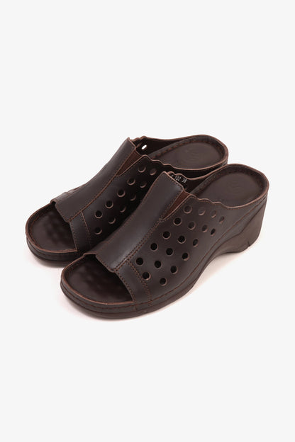 COMFORT PLUS SLIP-ON WEDGE SANDALS WITH PERFORATED DESIGN BROWN