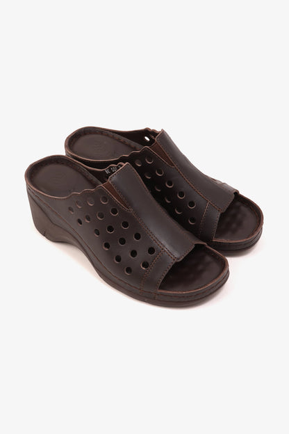 COMFORT PLUS SLIP-ON WEDGE SANDALS WITH PERFORATED DESIGN BROWN