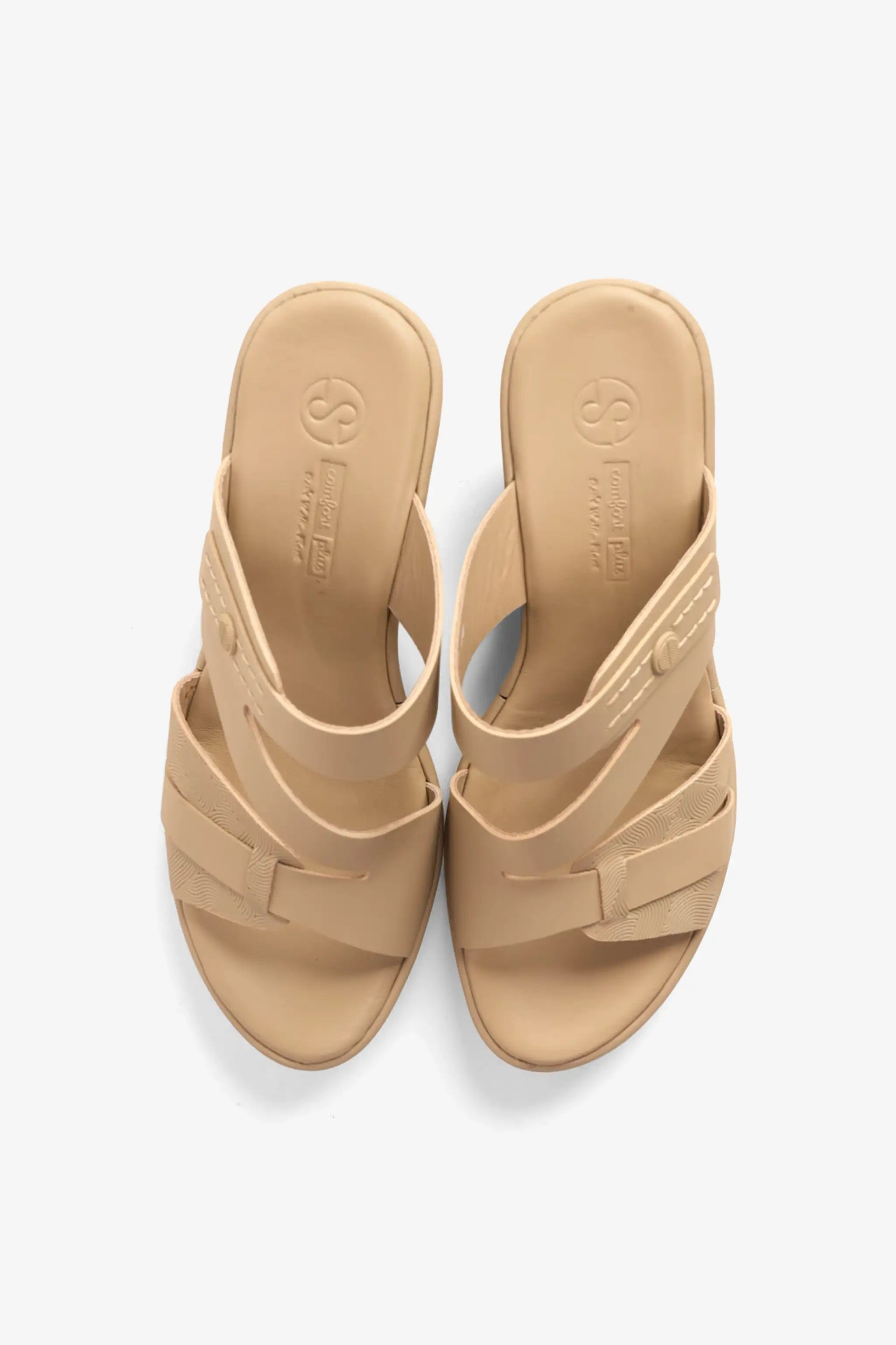 COMFORT PLUS LEATHER CUT-OUT SANDALS WITH LOW HEEL BEIGE - Seventy7