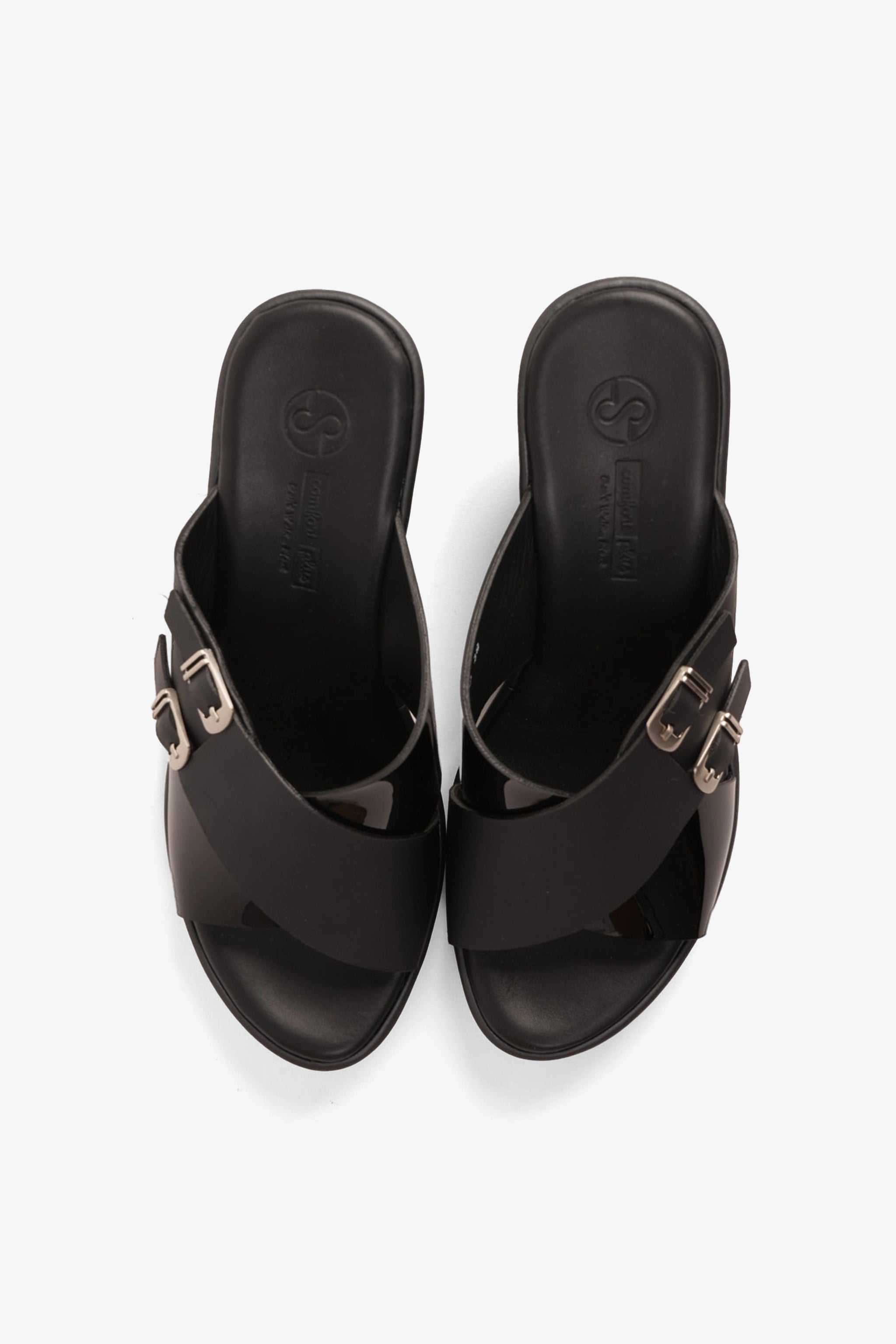 COMFORT PLUS WEDGE MULES WITH DOUBLE BUCKLE BLACK - Seventy7