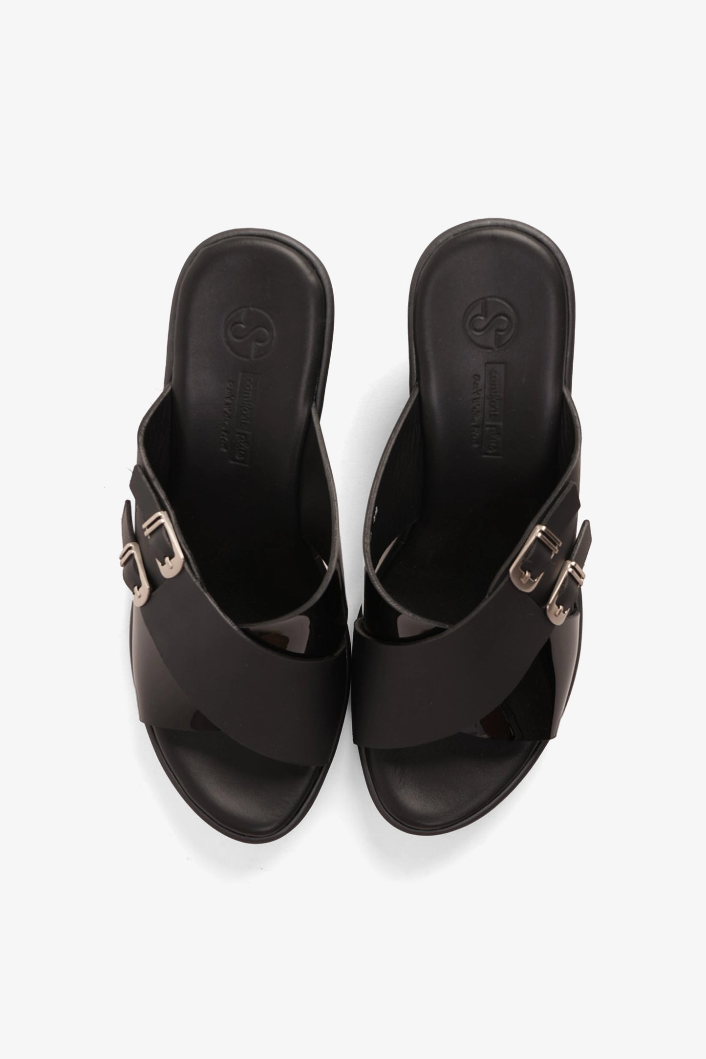 COMFORT PLUS WEDGE MULES WITH DOUBLE BUCKLE BLACK