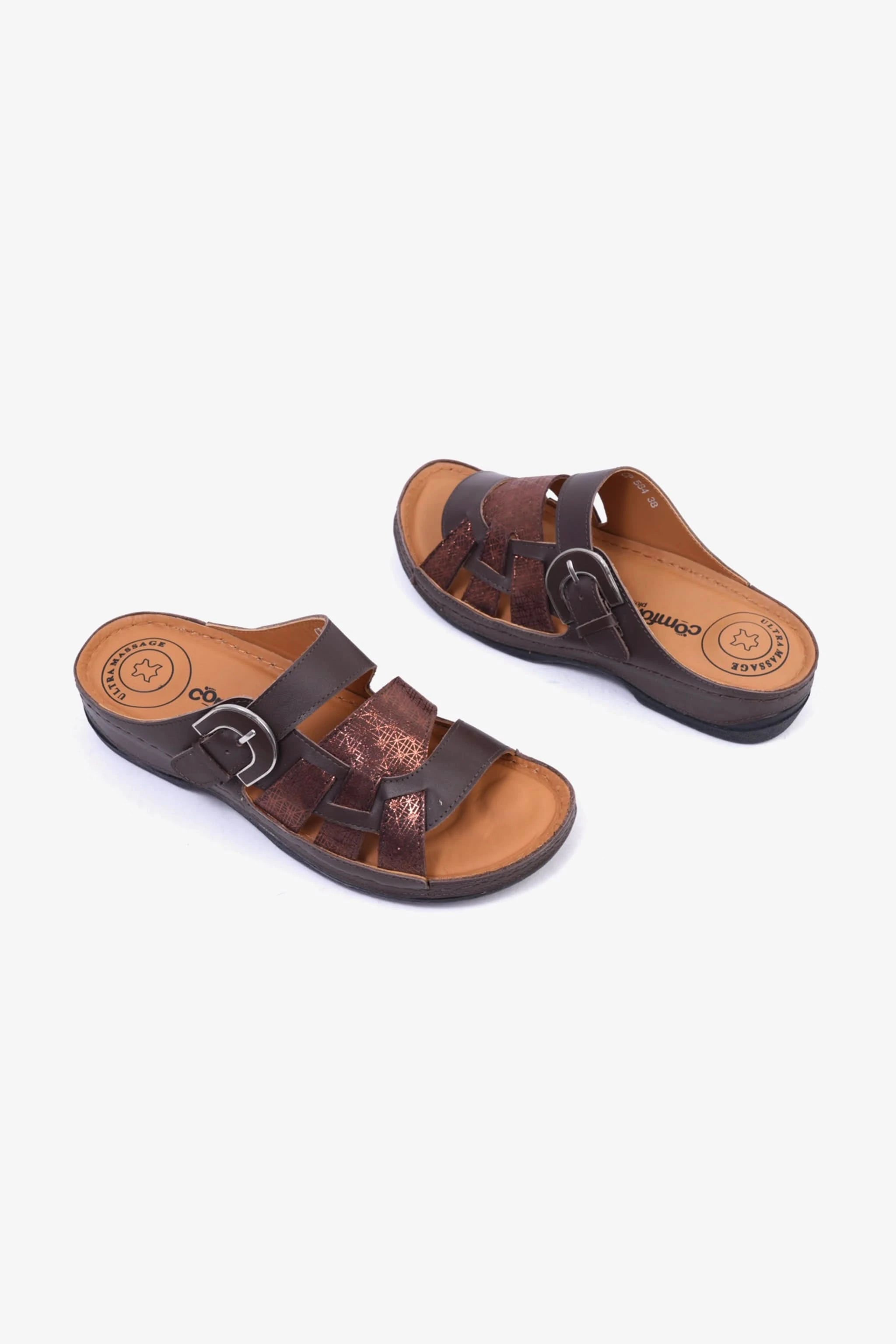 Comfort Plus Stylish and Comfortable Double Buckle Sandals Brown - Seventy7