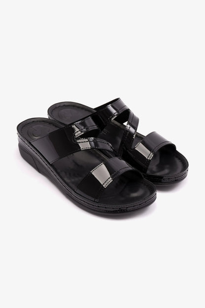 COMFORT PLUS WOMENS LOW HEEL SOFT FOOTBED SANDALS BLACK