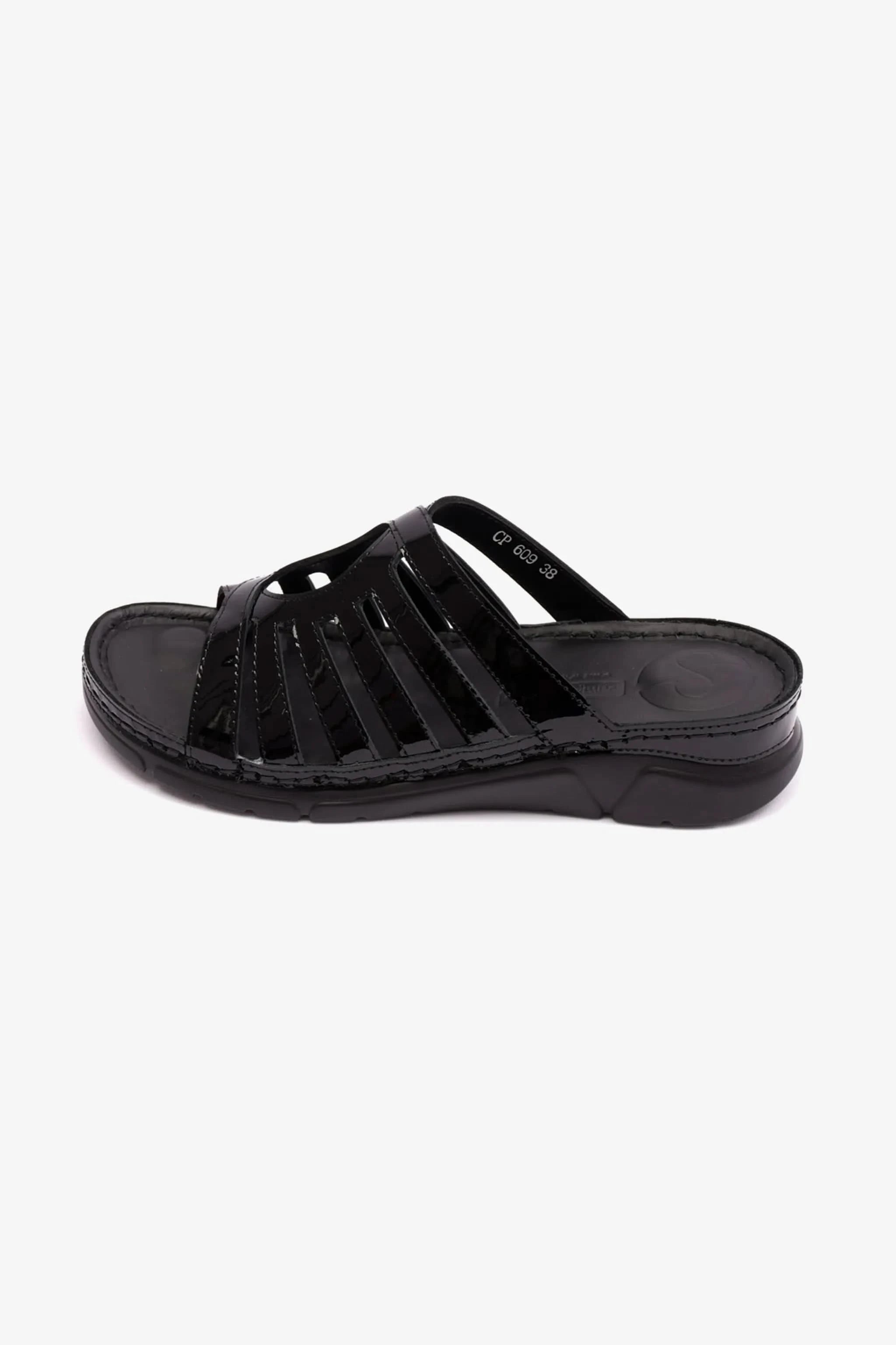 PATENT LEATHER WOMENS COMFORT PLUS SANDALS BLACK