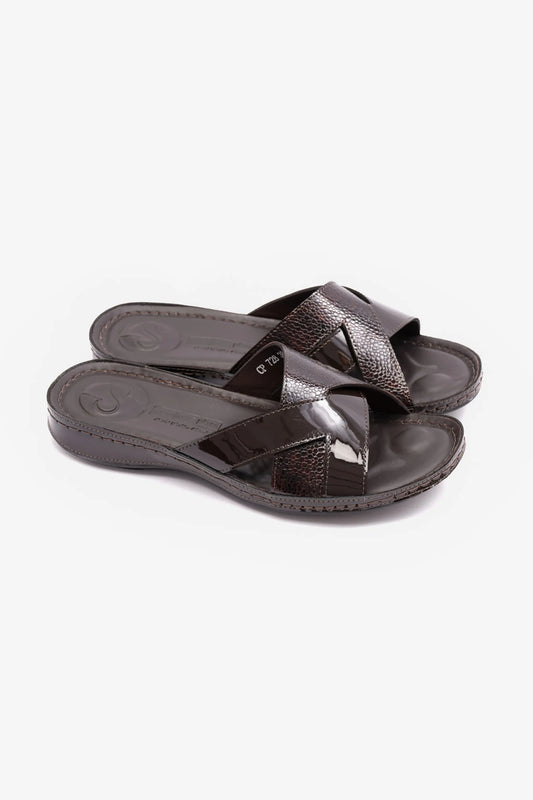 COMFORT PLUS SOFT FOOTBED PATENT LEATHER WOMENS SANDAL BROWN