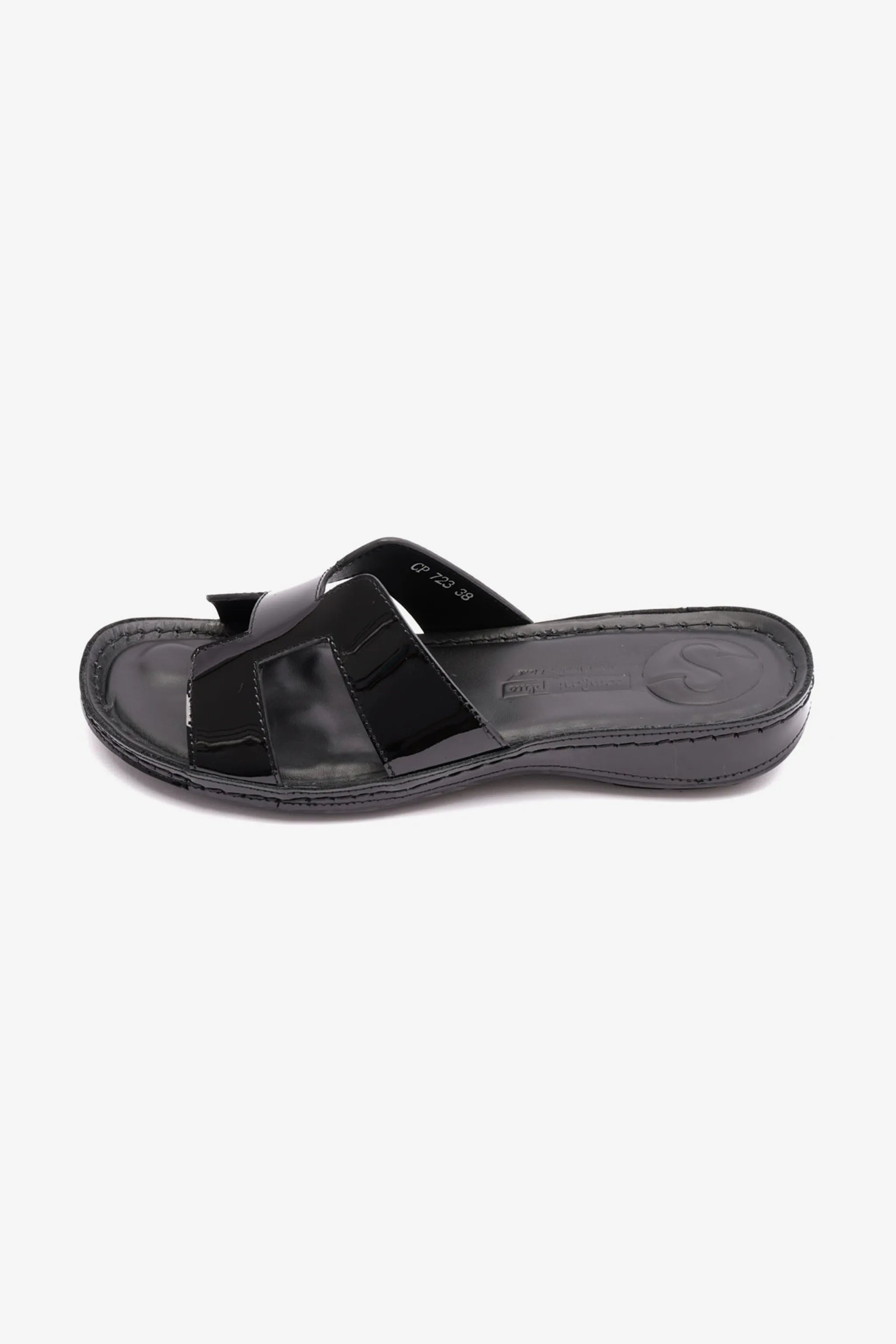 FLAT PATENT LEATHER COMFORT PLUS LADIES SANDALS BLACK