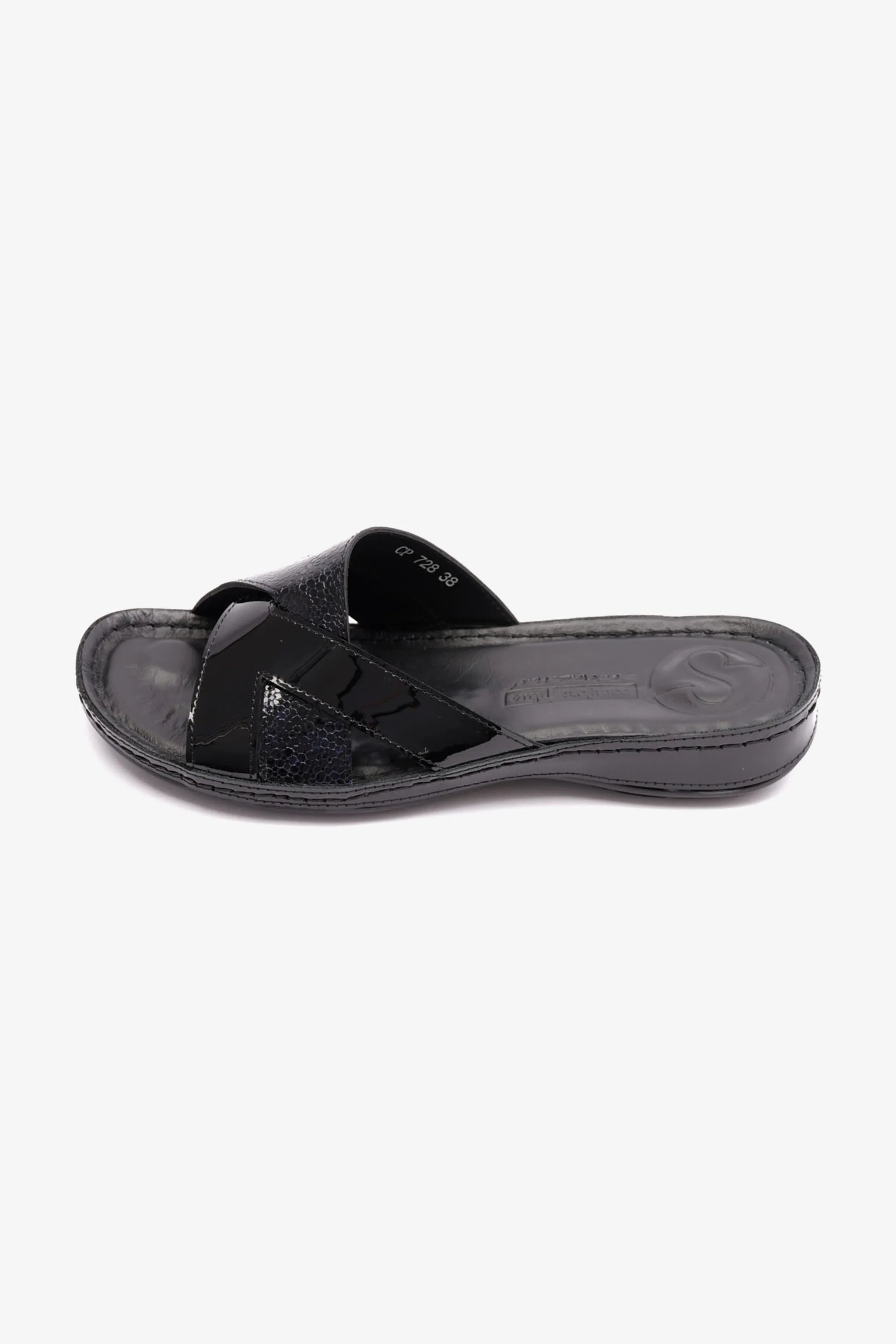 COMFORT PLUS SOFT FOOTBED PATENT LEATHER WOMENS SANDAL BLACK - Seventy7