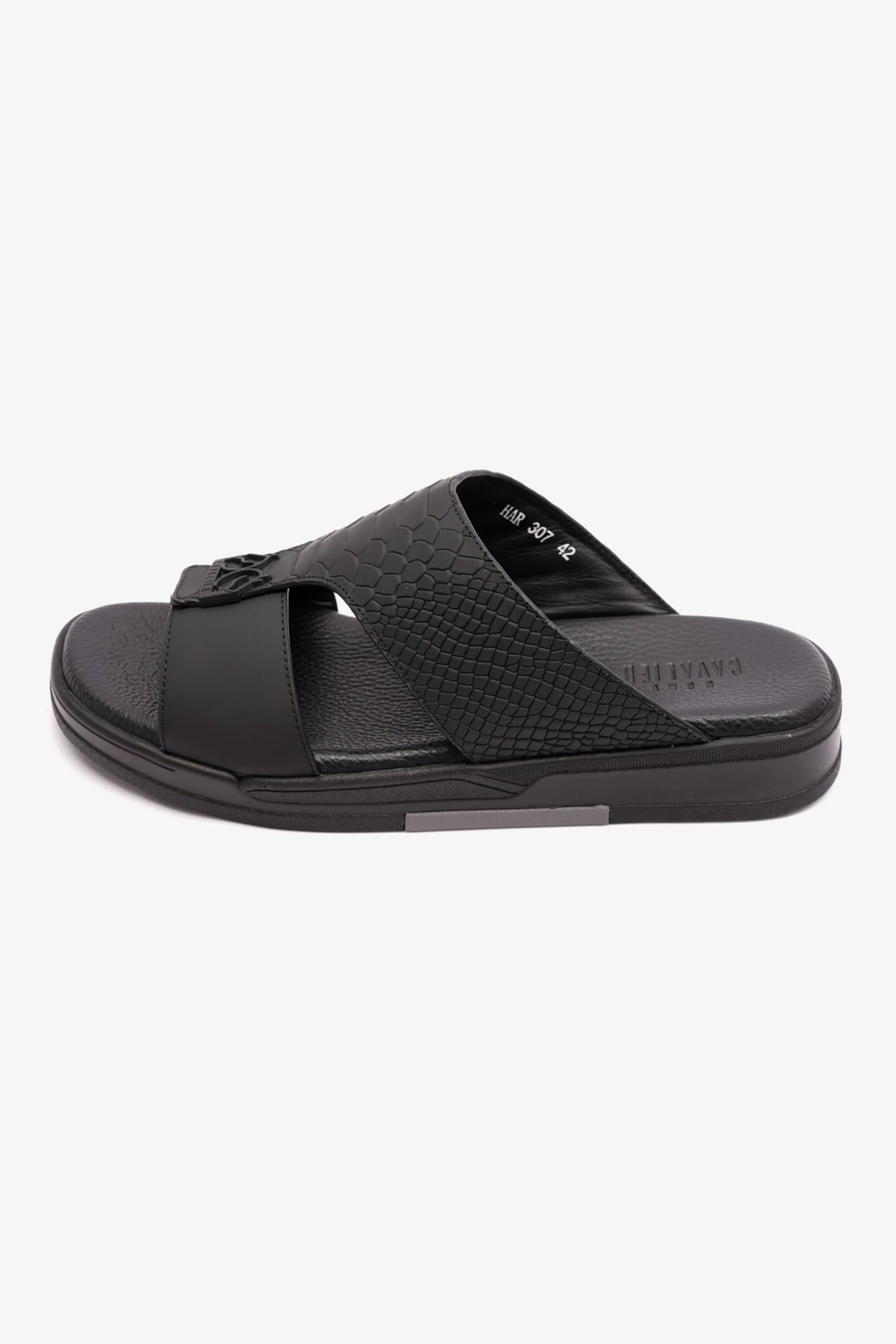 EMBOSSED LEATHER CAVALIER MENS SANDALS BLACK