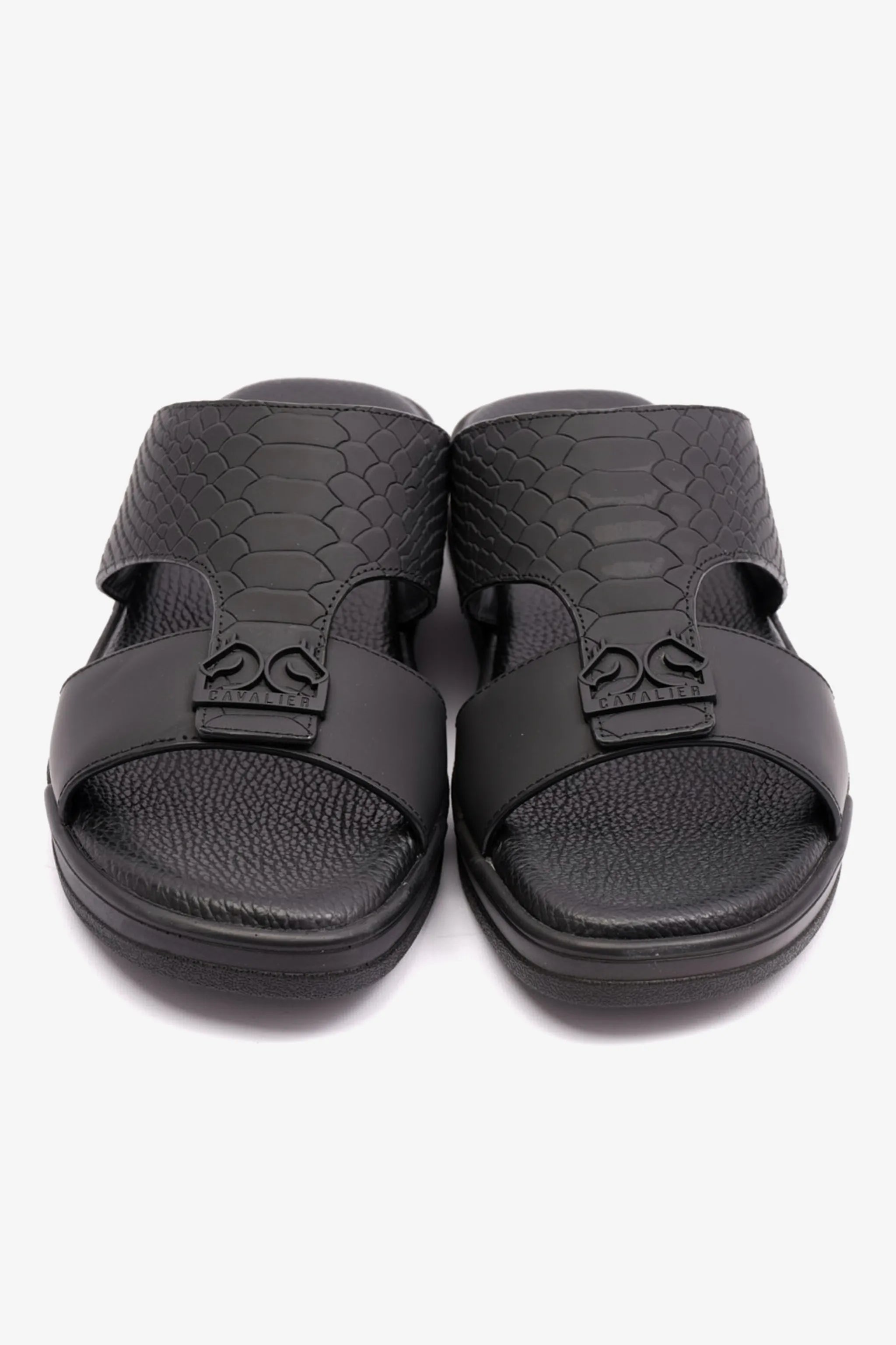 EMBOSSED LEATHER CAVALIER MENS SANDALS BLACK