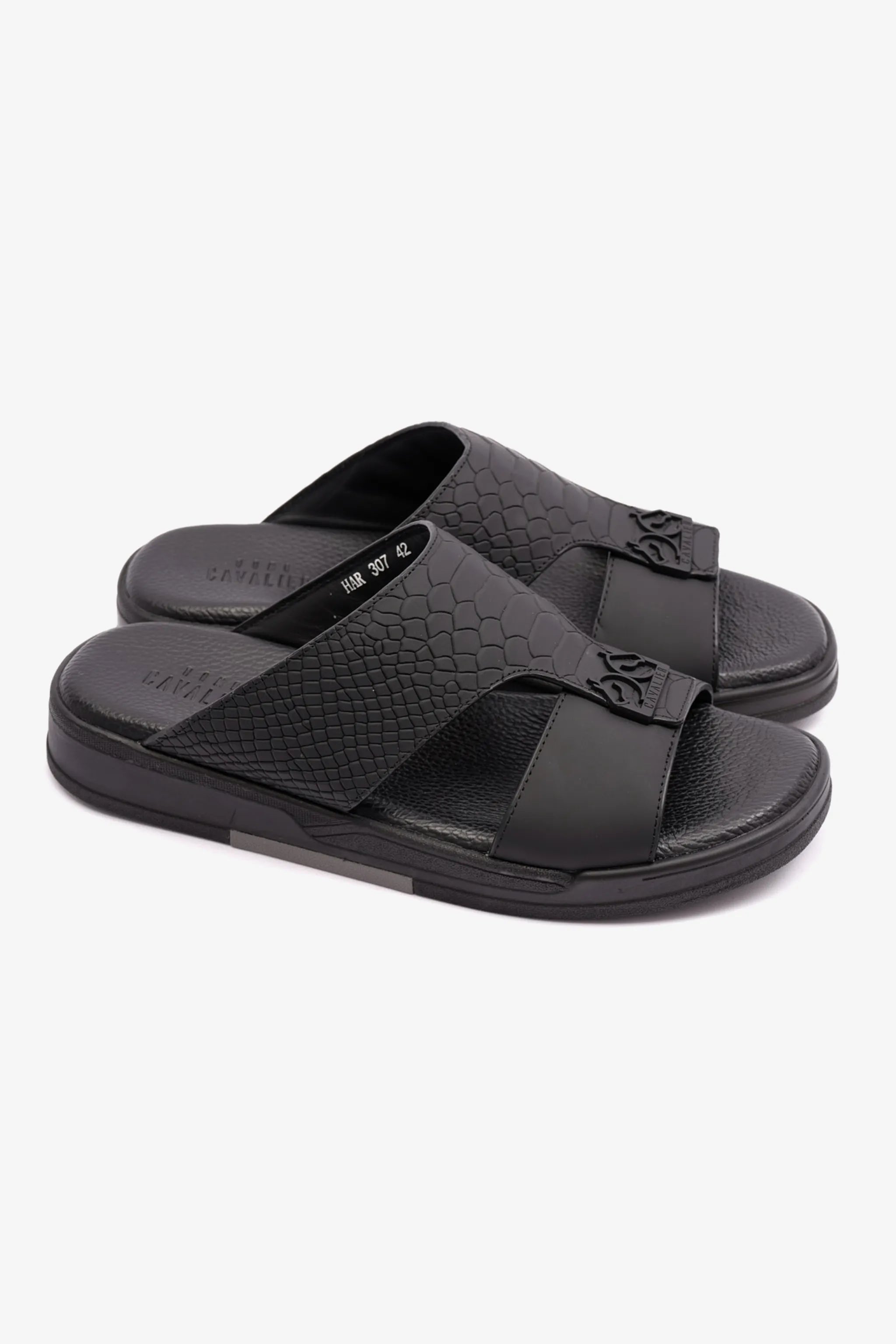 EMBOSSED LEATHER CAVALIER MENS SANDALS BLACK