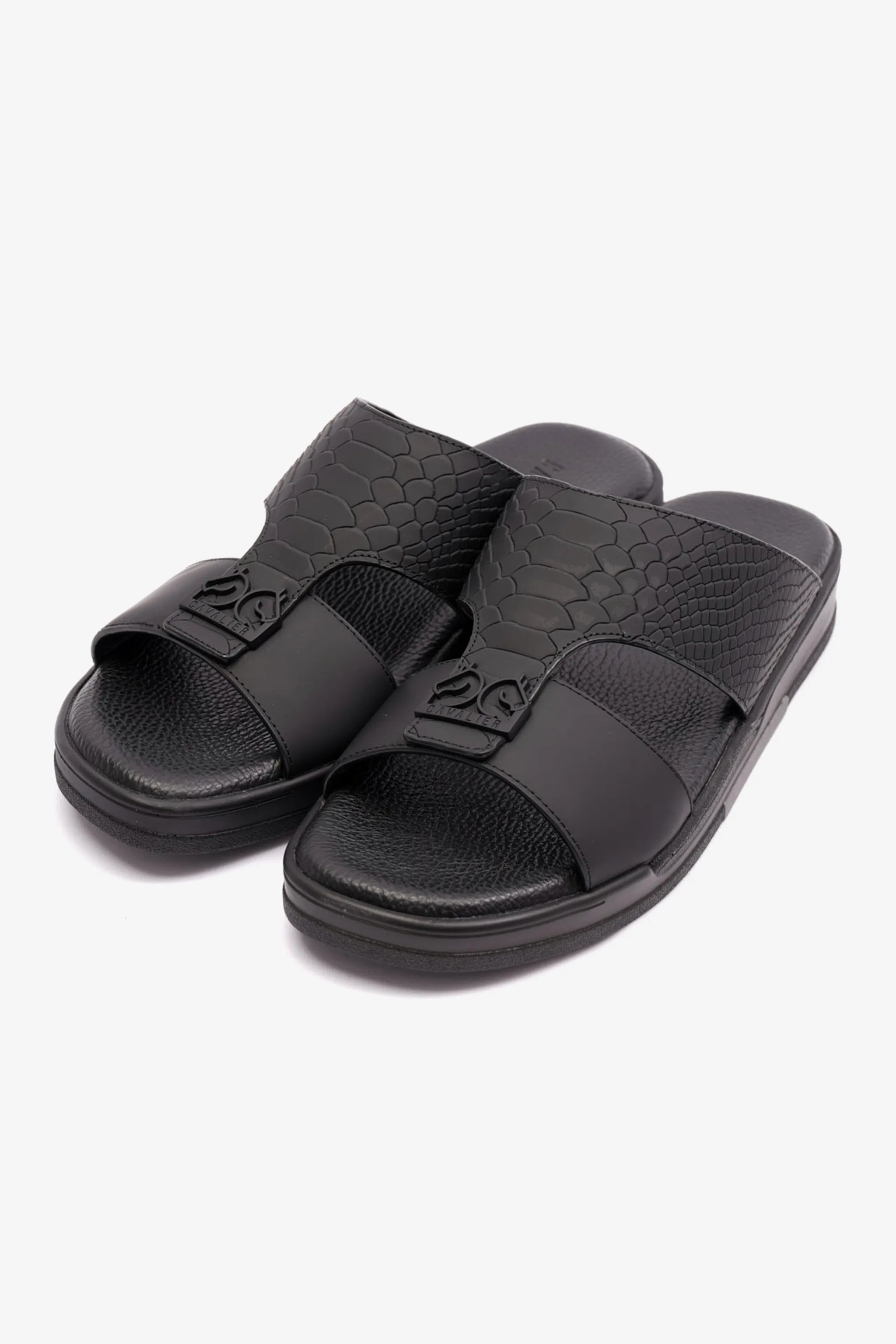 EMBOSSED LEATHER CAVALIER MENS SANDALS BLACK