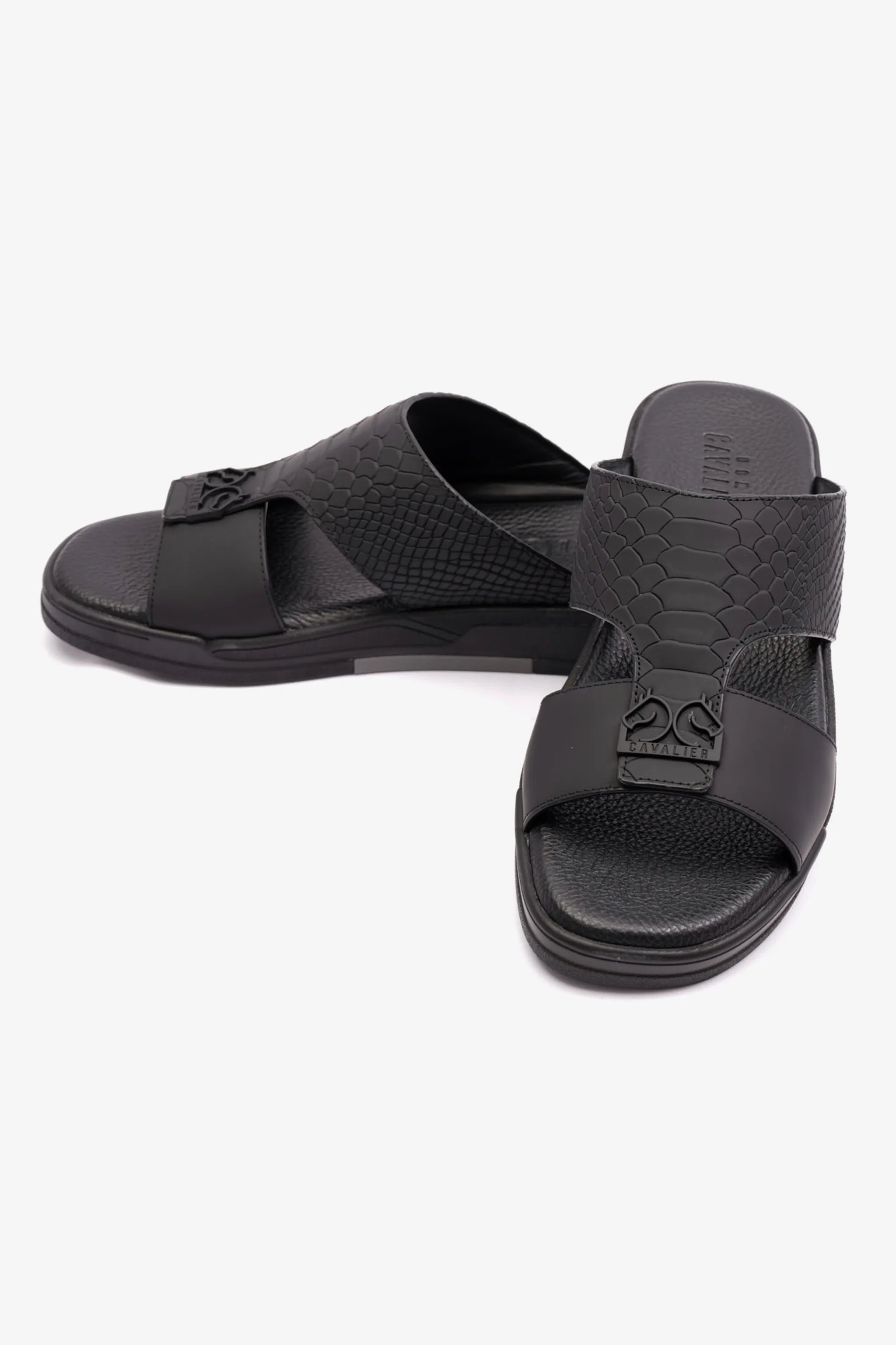 EMBOSSED LEATHER CAVALIER MENS SANDALS BLACK