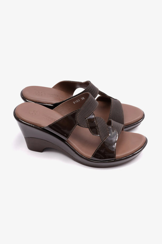 COMFORT PLUS HIGH HEEL WOMENS PATENT LEATHER SANDALS BROWN