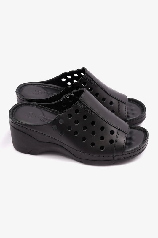 COMFORT PLUS SLIP-ON WEDGE SANDALS WITH PERFORATED DESIGN BLACK