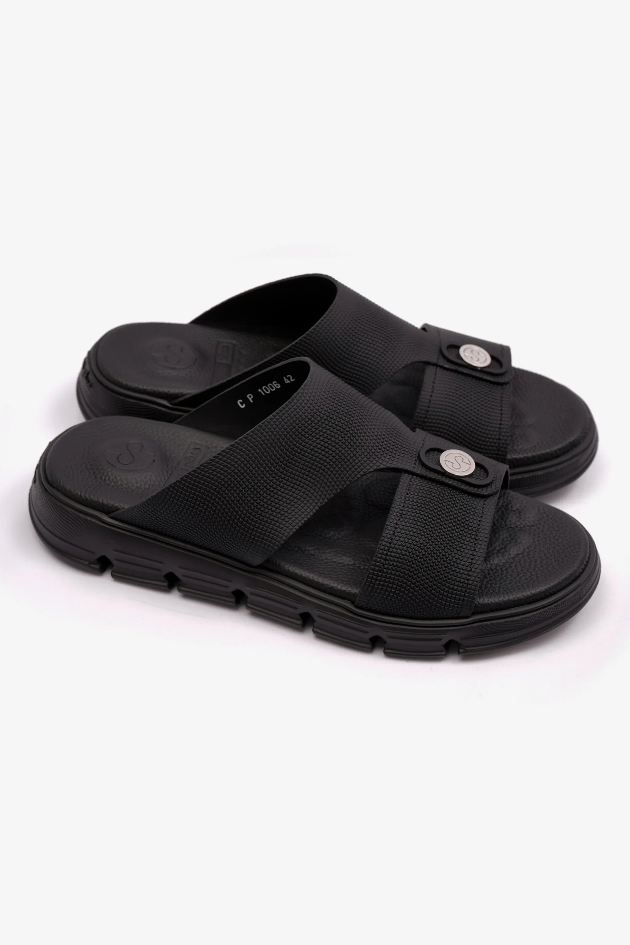 COMFORT PLUS EMBOSSED LEATHER MENS SANDALS WITH ITALIAN OUTSOLE BLACK